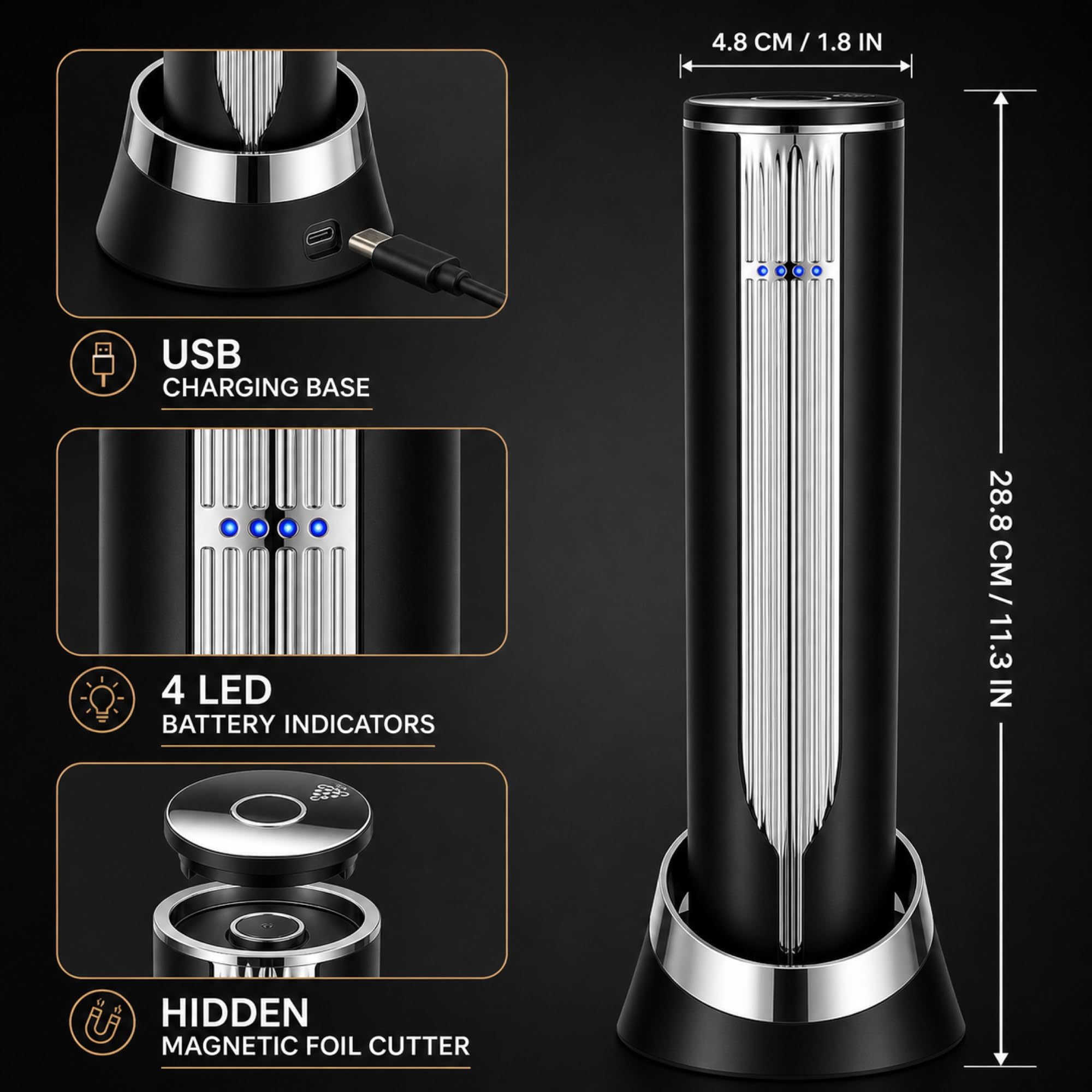 BLUBYEES Abridor eléctrico de botellas de vino de lujo con base de carga y cortador de papel de aluminio integrado, sacacorchos automático recargable para quitar el corcho sin esfuerzo, regalos