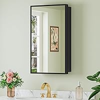 Buruis 14x24 Small Framed Medicine Cabinet with Mirror - Recessed or Wall Mount, Adjustable Tempered Glass Shelves, Reversible Black Door