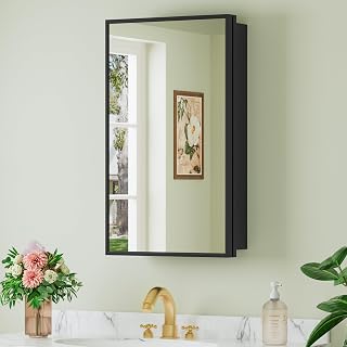 Buruis 14x24 Small Framed Medicine Cabinet with Mirror - Recessed or Wall Mount, Adjustable Tempered Glass Shelves, Reversible Black Door