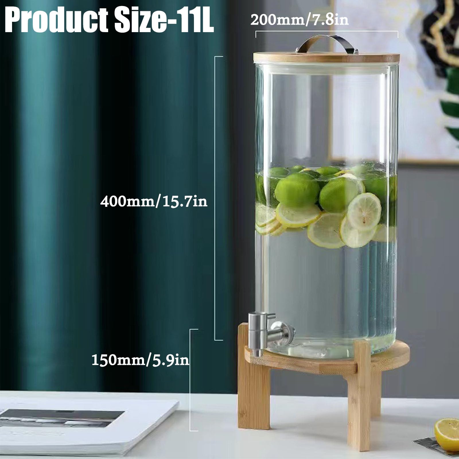 Getränkespender,Glaskaraffe,Glaskrug Mit Zapfhahn aus Edelstahl Und Deckel Aus,Wasserspender Saftspender Limonadenspender Glasbehälter für Getränke,Faucet +Base,11L