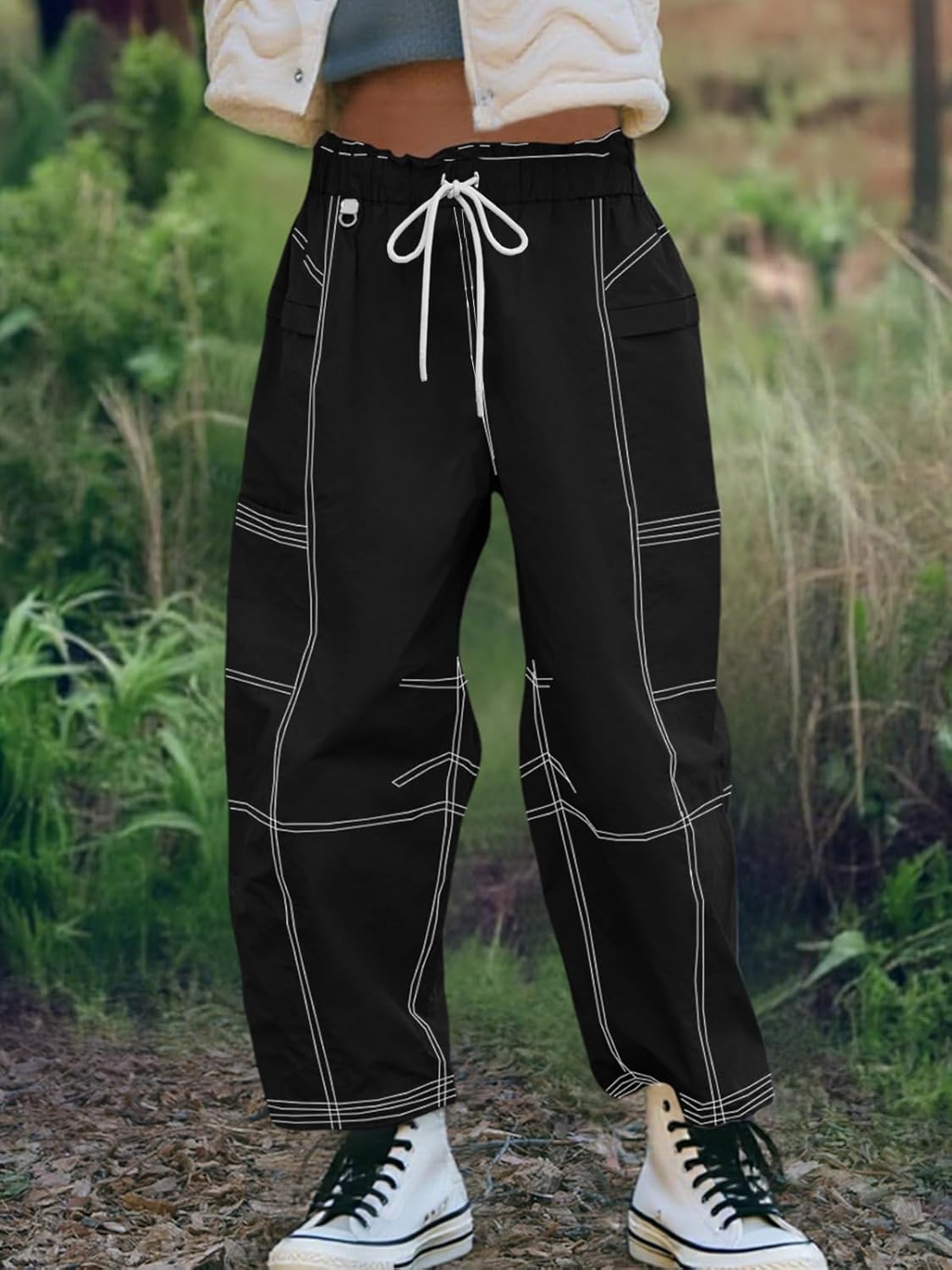 Fisoew Womens Wide Leg Cargo Pants Elastic Waist Water Resistant Contrast Stitch Loose Hiking Joggers with Pockets - Image 3