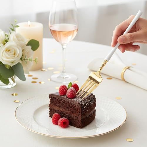 Miniatura 5 de Blue Sky Infinity Flatware - Tenedores de cena dorados y blancos, 20 unidades, cubiertos de plástico desechables elegantes para eventos y fiestas