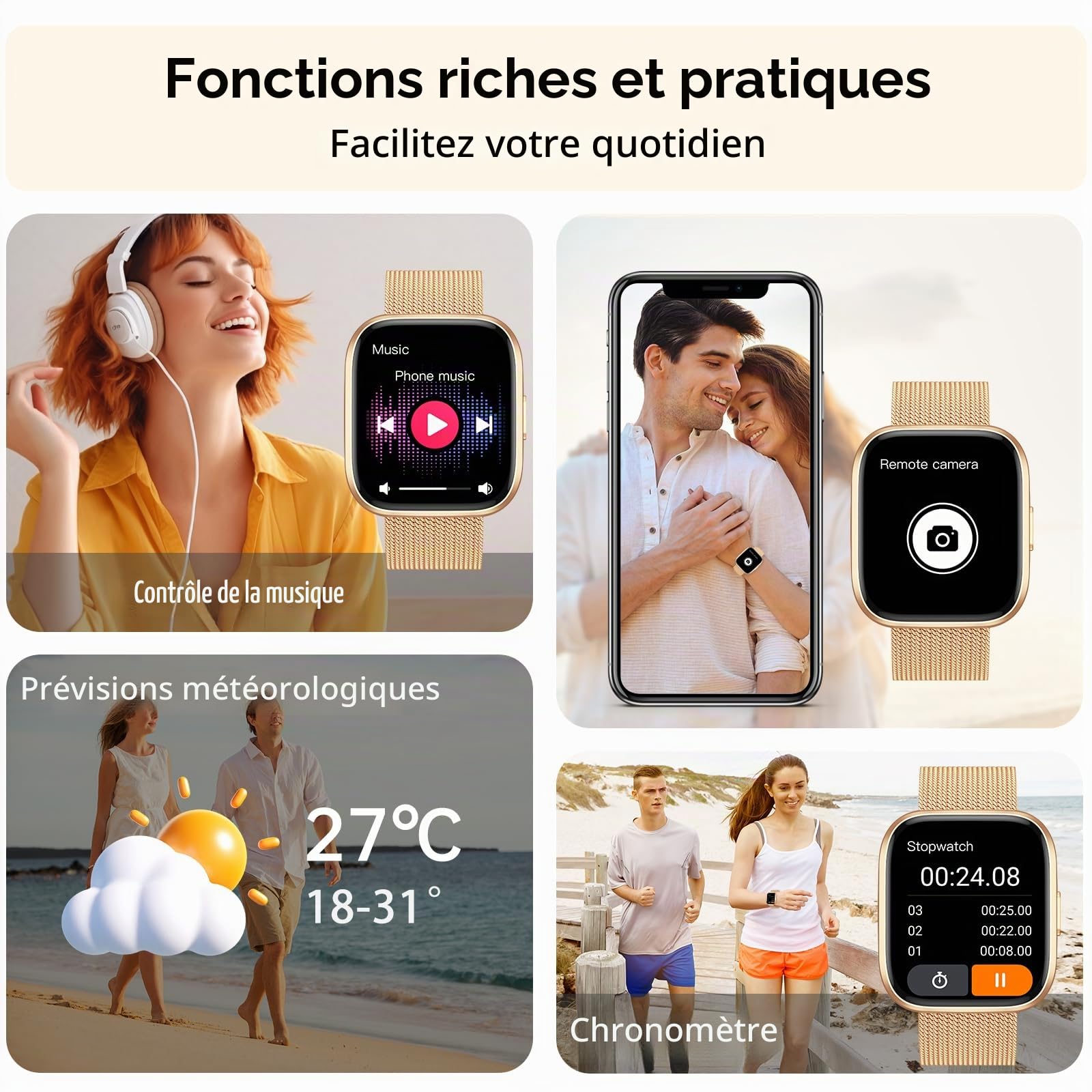 Montre Connectée Femme, 1.91" HD Smartwatch Fonction Féminine avec Appel Bluetooth 5.4, 120+ Modes Sportifs, 200+ Cadrans personnalisés, 24H Moniteur Sommeil/FC/SpO2, Android iOS, Or Rose