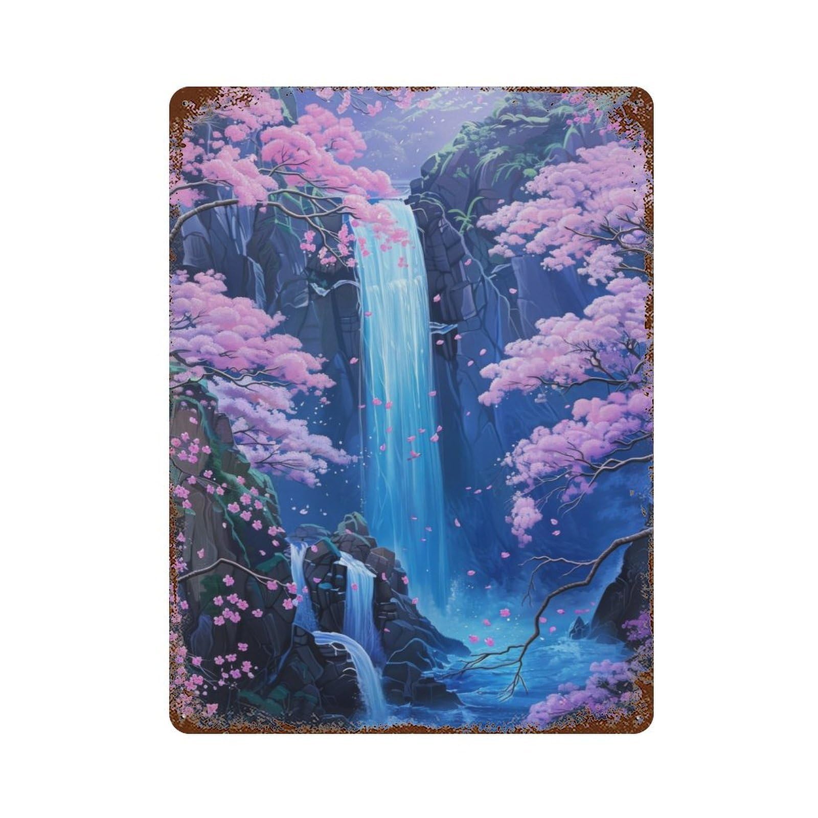 Waterfall Japan Painting 15.7"x11.8" Rusty Metal Tin Sign, Farmhouse Wall Decor for Office, Studio And Wall Decor