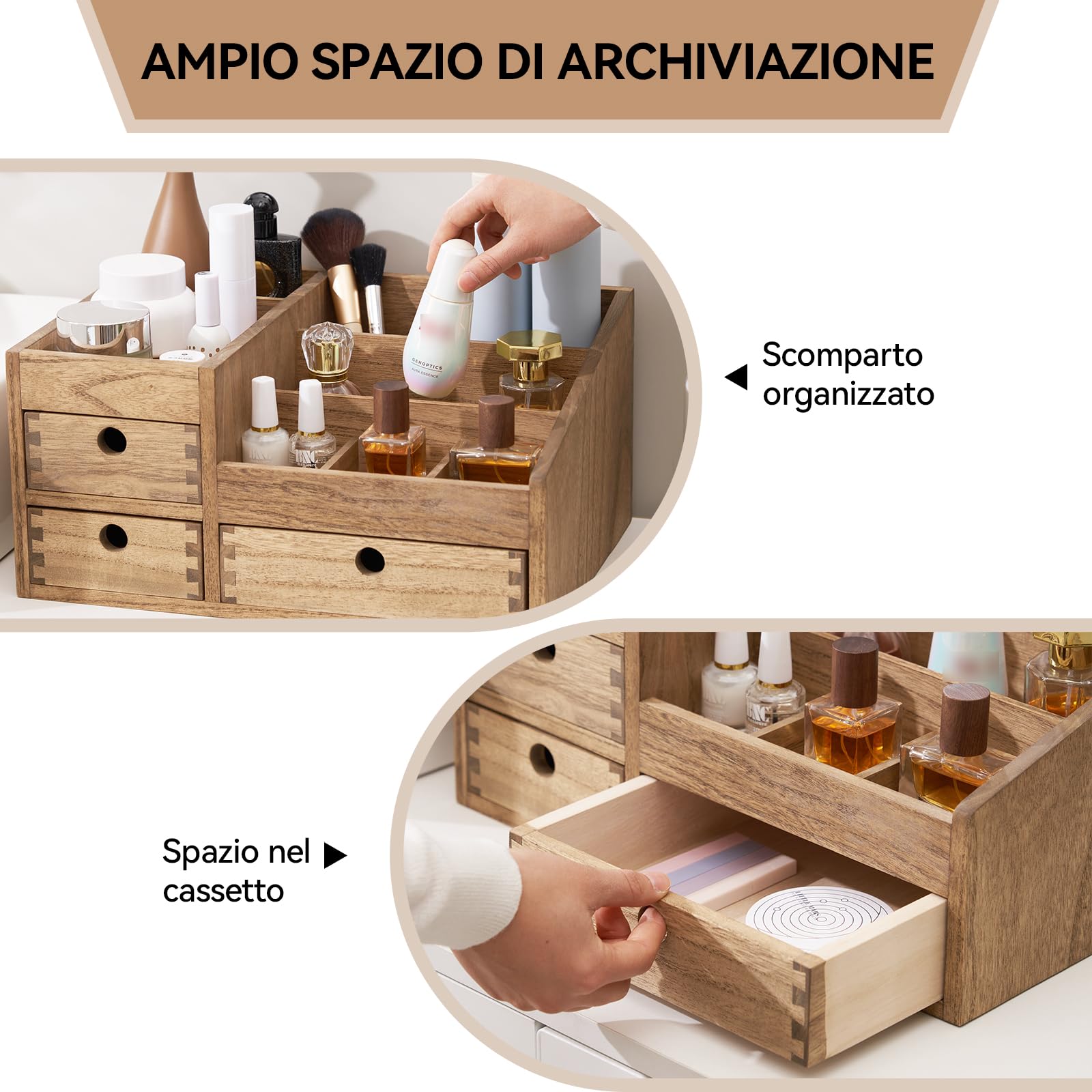 KIRIGEN mobile porta trucchi in legno da tavolo organizzatore di cosmetici organizzatore di gioielli scatola porta trucchi a 8 scomparti con 3 cassetti giallo-marrone