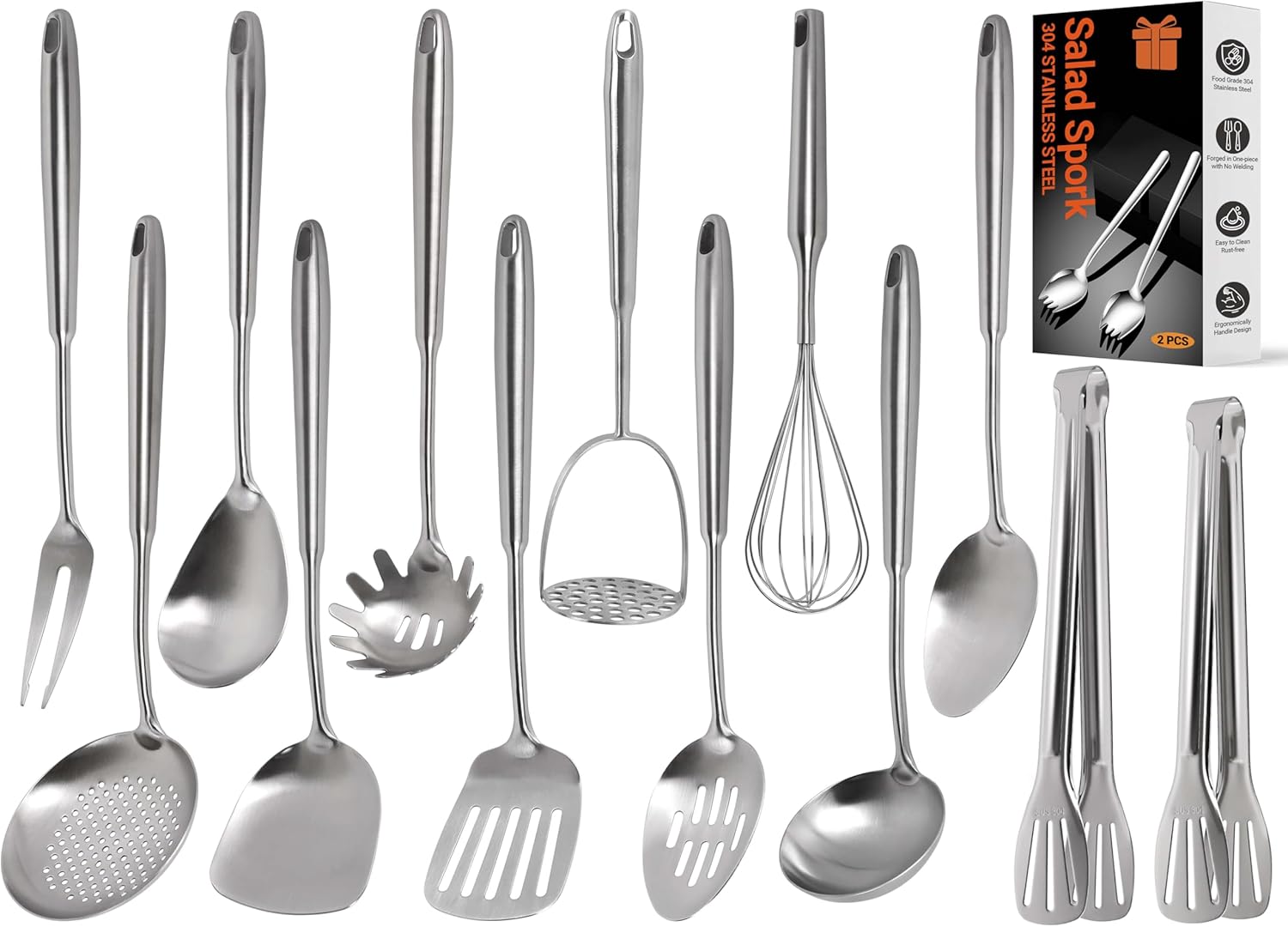304 Stainless Steel Kitchen Utensils Set - 15PCS Long Metal Cooking Utensil Serving Utensils Set, Potato Masher, Whisk, Turner, Serving Spoon, Fork, Tongs, Skimmer, Ladle, etc (Dishwasher Safe)