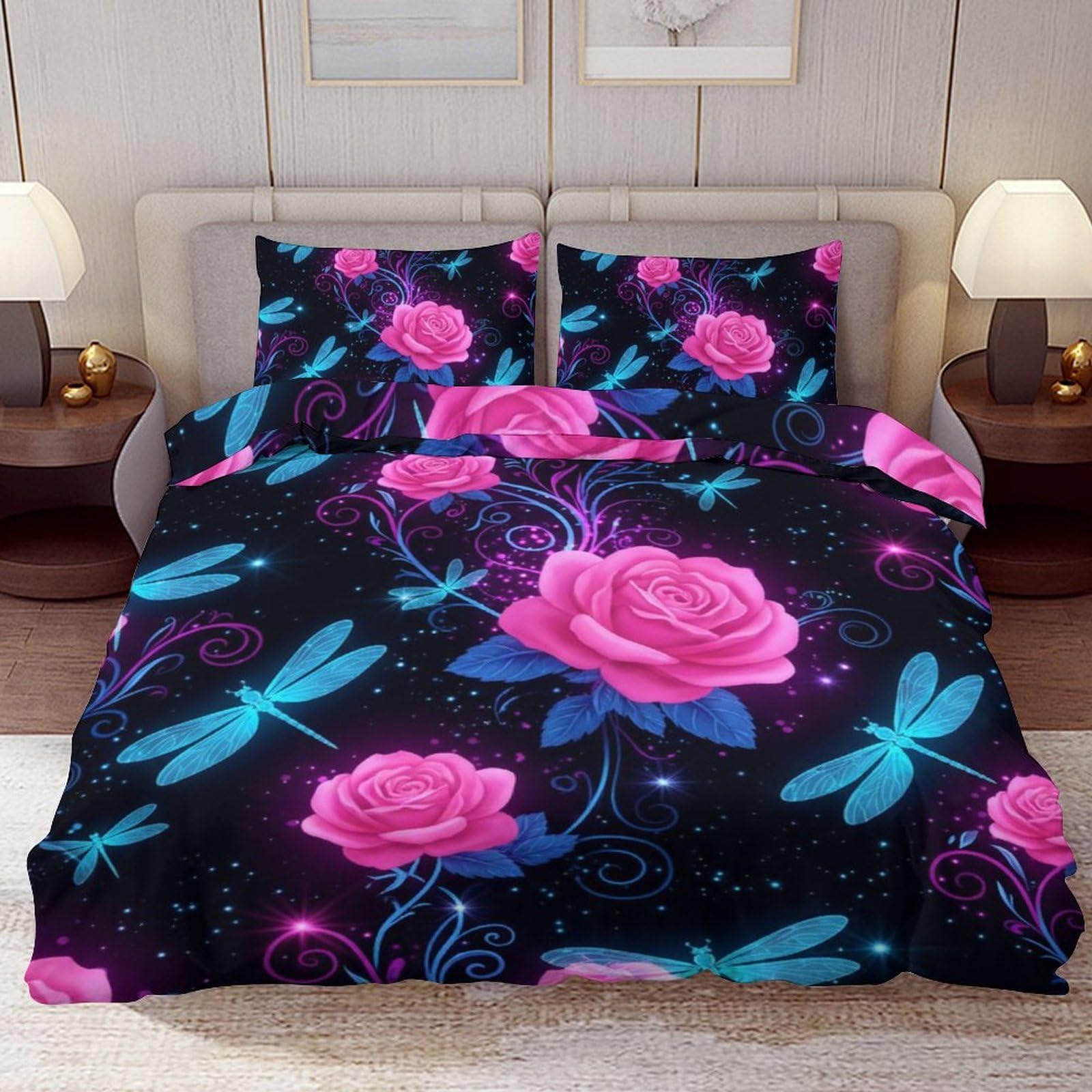 Delerain Comforter Cover Set Twin Size, Fantasy Blue Dragonfly Rose 3-Piece Bedding Set for Boys Girls Teens Modern Soft Microfiber Bedroom Set Room Decor, 1 Duvet Cover + 2 Pillowcases