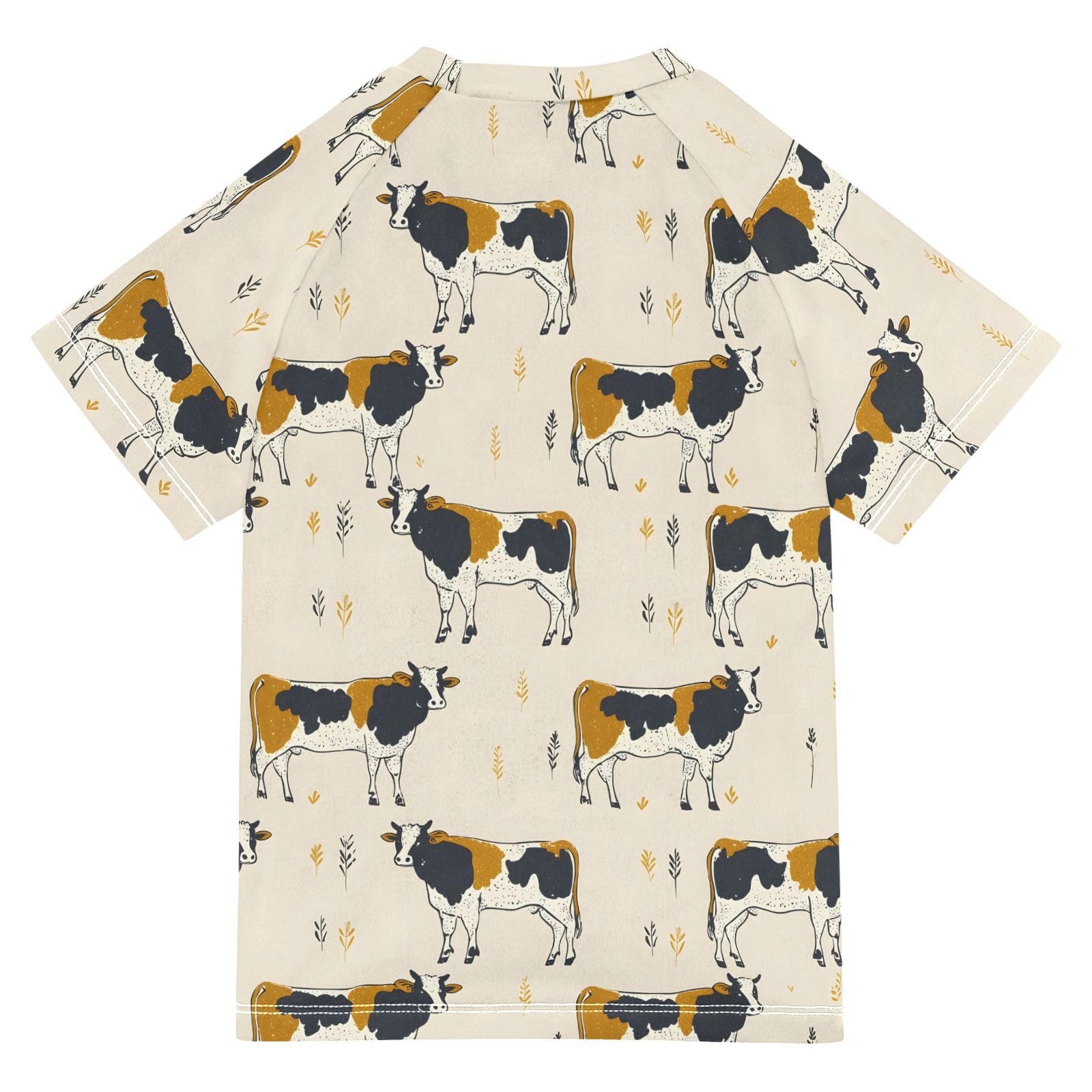 ALAZA Kids Rash Guard Toddler Swim Shirt Boy Girls Cow Print Cream UPF 50+ Short Sleeve 4T