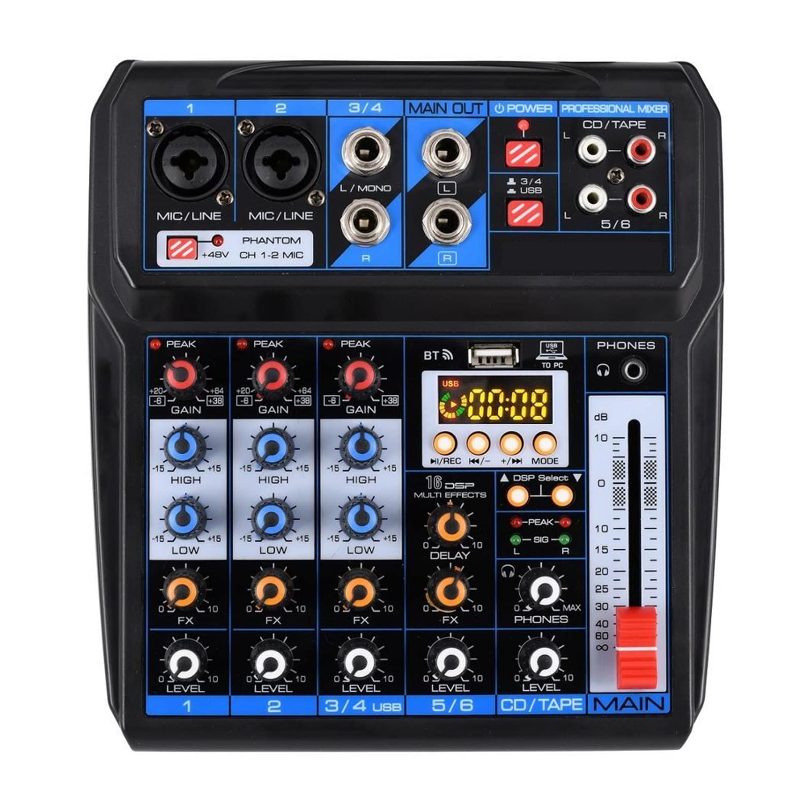 Zasilanie 5V Nagrywanie USB Nagrywanie komputerowe Karta dźwiękowa 6 kanałów 2 mono 2 stereo 16 mikser efektów