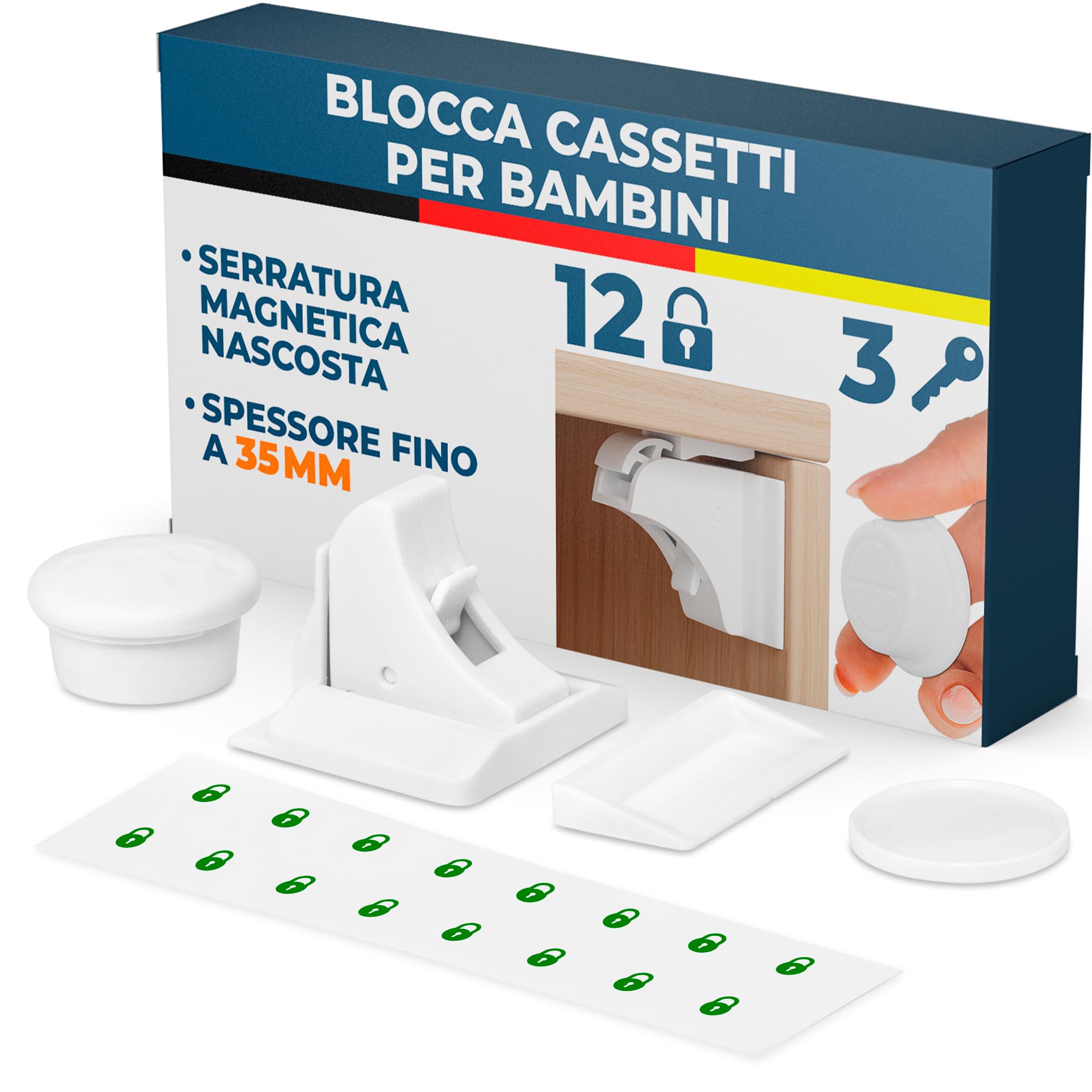 Hoffenbach Blocca Cassetti per Bambini, 12 Serrature + 3 Chiavi, Chiusura Magnetica per Cassetti e Ante, Sicurezza Mobili per Bambini – Bianco