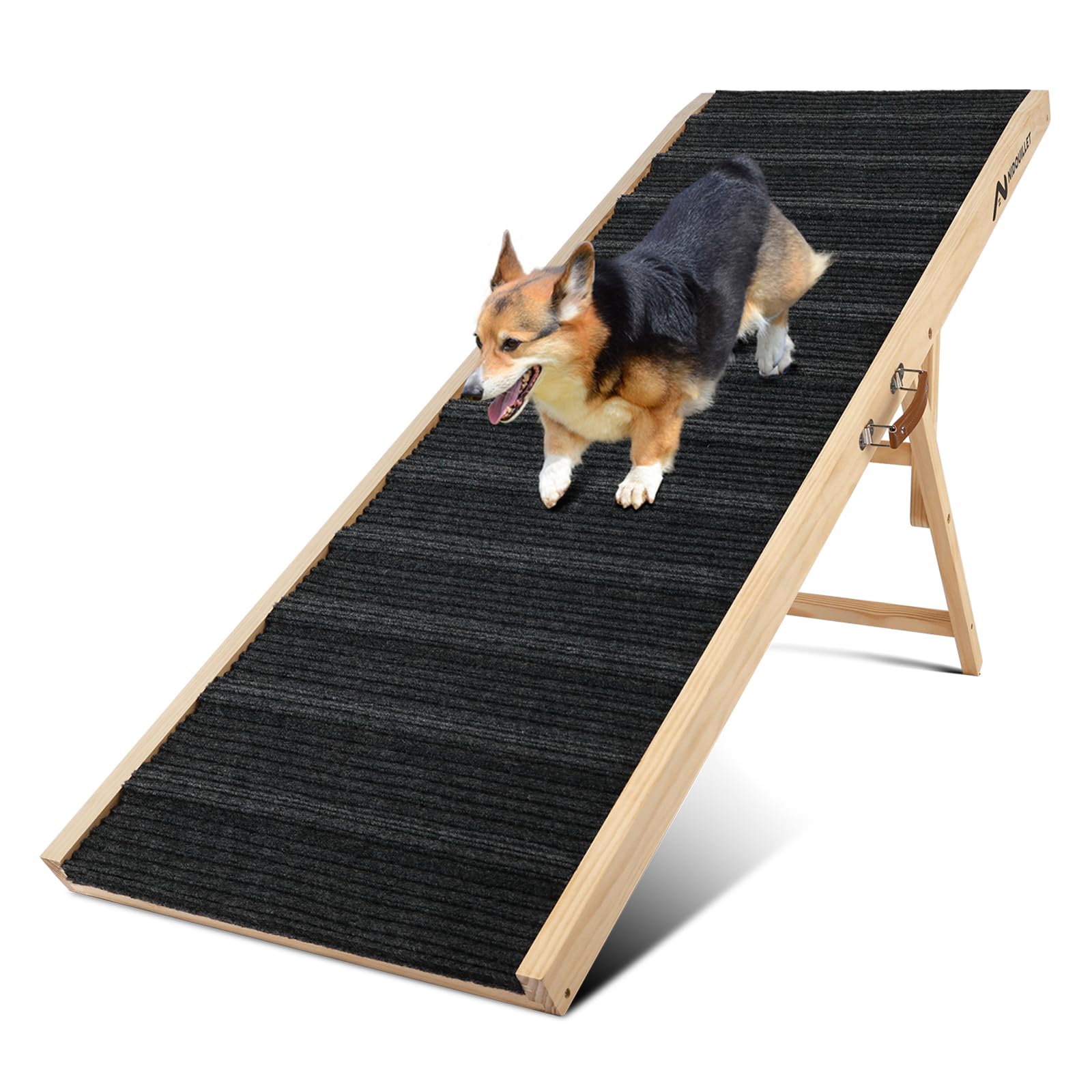 Nidouillet Dog Ramp for Bed, 63" Long Wooden Foldable Dog Ramp, 6 Adjustable Heights from 16.3" to 30" with Anti-Slip Traction Mat, Portable Pet Ramp for Car, Bed, Couch, Max 200lbs - 63inch