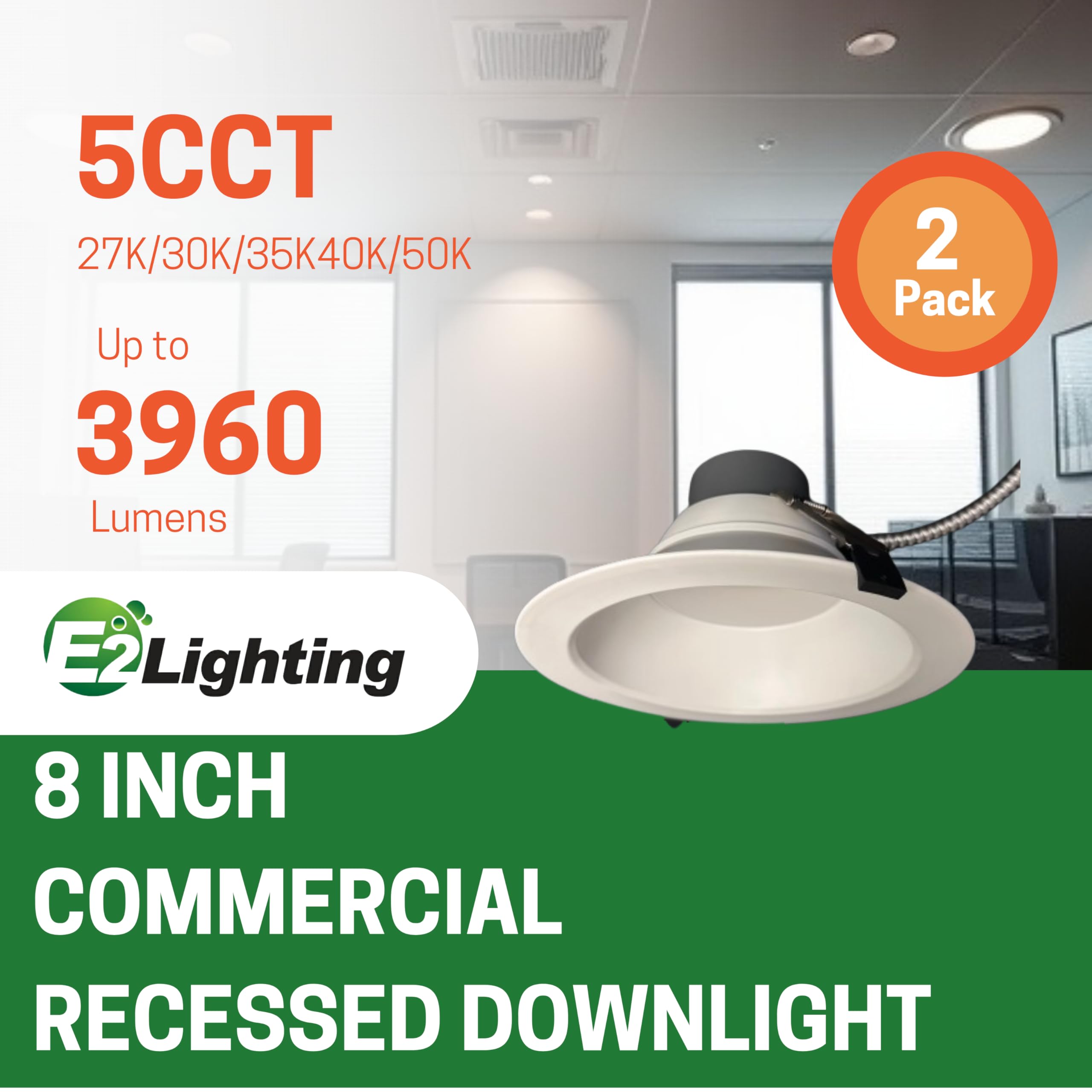 E2 LIGHTING 8 inch Commercial Electric Recessed Lights, Canless Shop Light, 5 CCT & Wattage Tunable, 2700K-5000K, 16W-35W, Ideal for Business, Shop, Warehouse-2 Pack