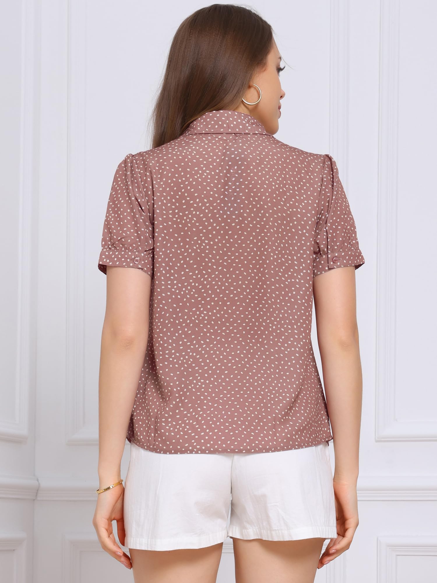 Allegra K Damen Polka Dots Oberteil Kurzarm Bubikragen Krawatten Ausschnitt Chiffon Punkte Top Bluse
