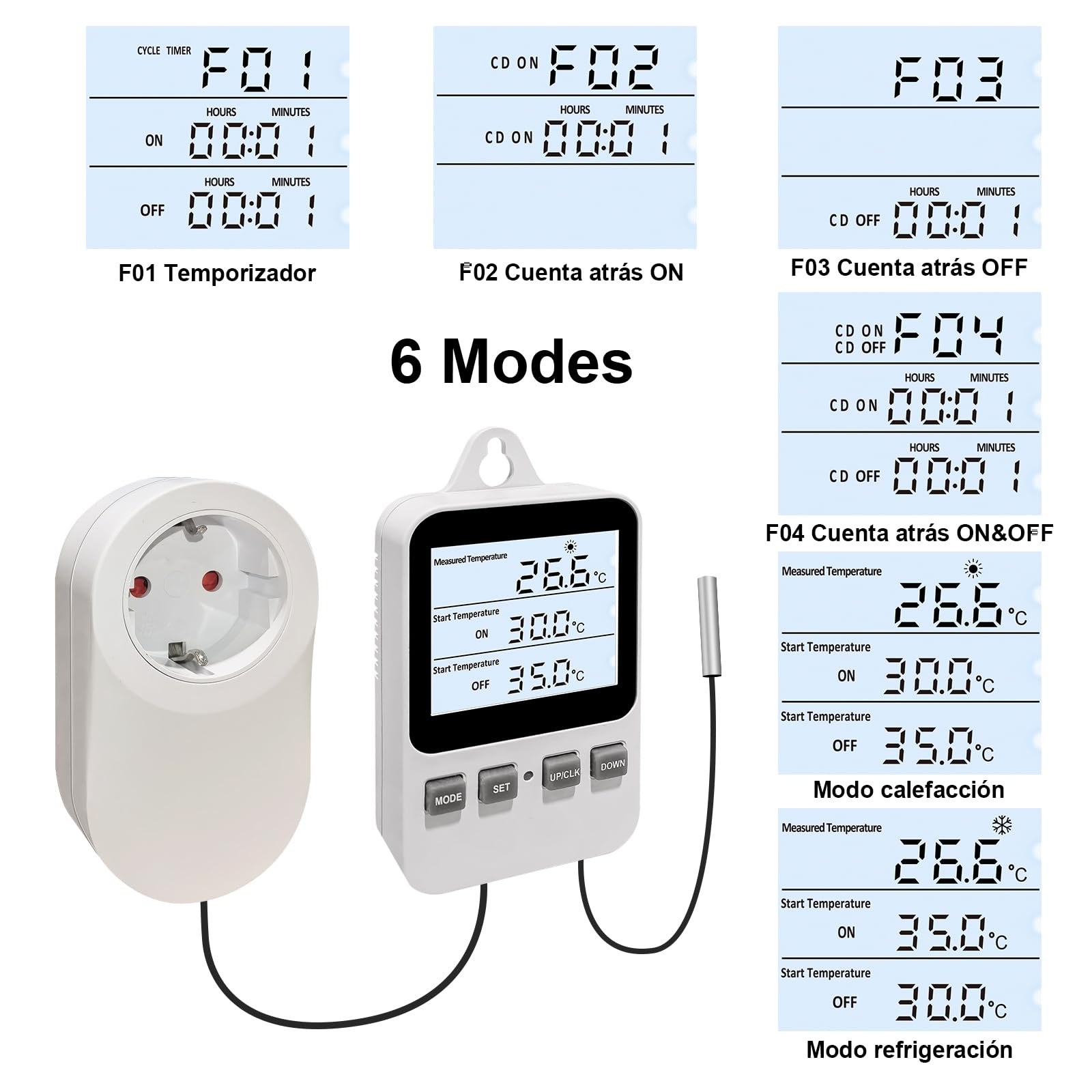 Enchufe Digital Termostato Enchufe, Calefacción Enfriamiento Controlador de Temperatura, Calentador Enfriador Interruptor, para la incubación de Calor Mat Reptil Invernaderos Terrario, 230V 16A