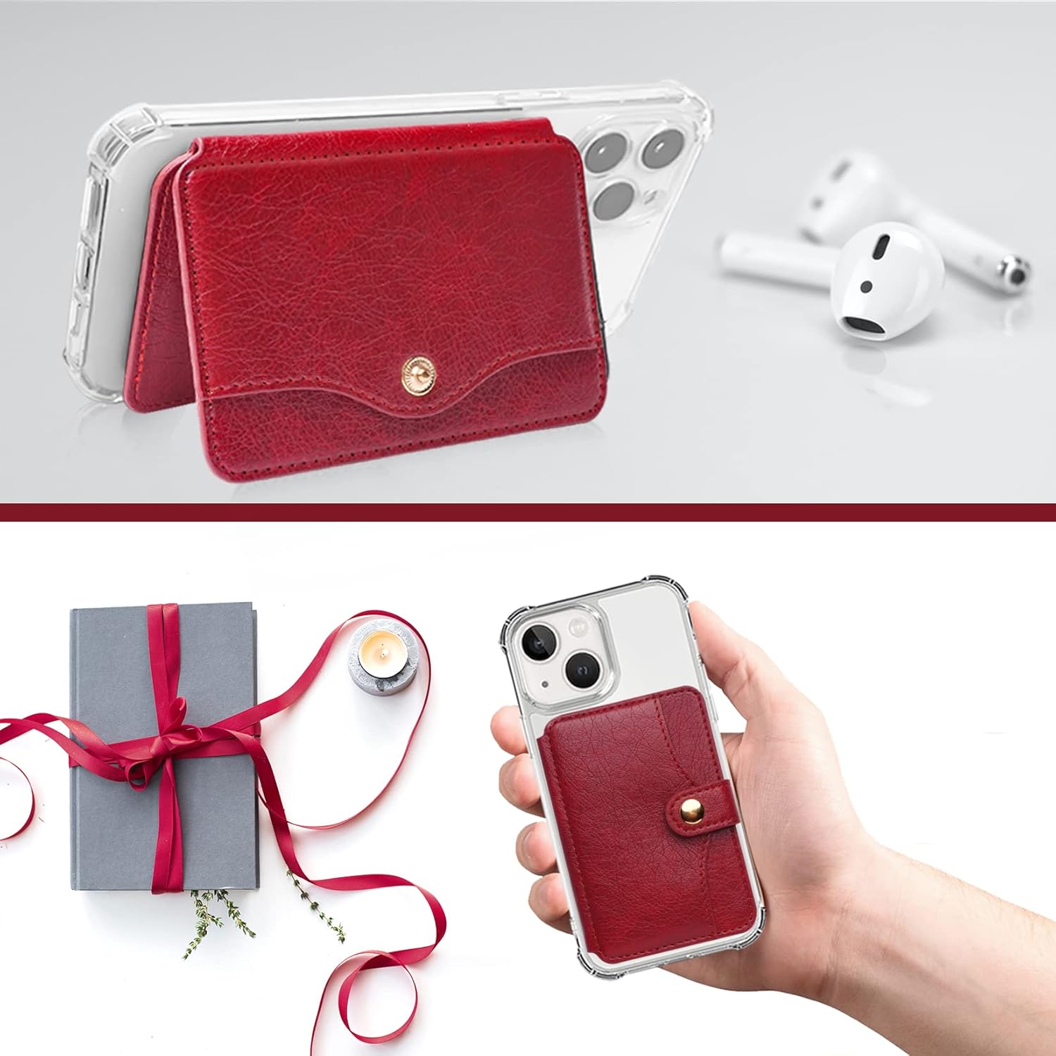 M-Plateau Credit Card Holder for Cell Phone, Stick on with Snap Closure 3M Adhesive Phone Wallet Compatible with iPhone and iPhone Case (Red) - Image 2