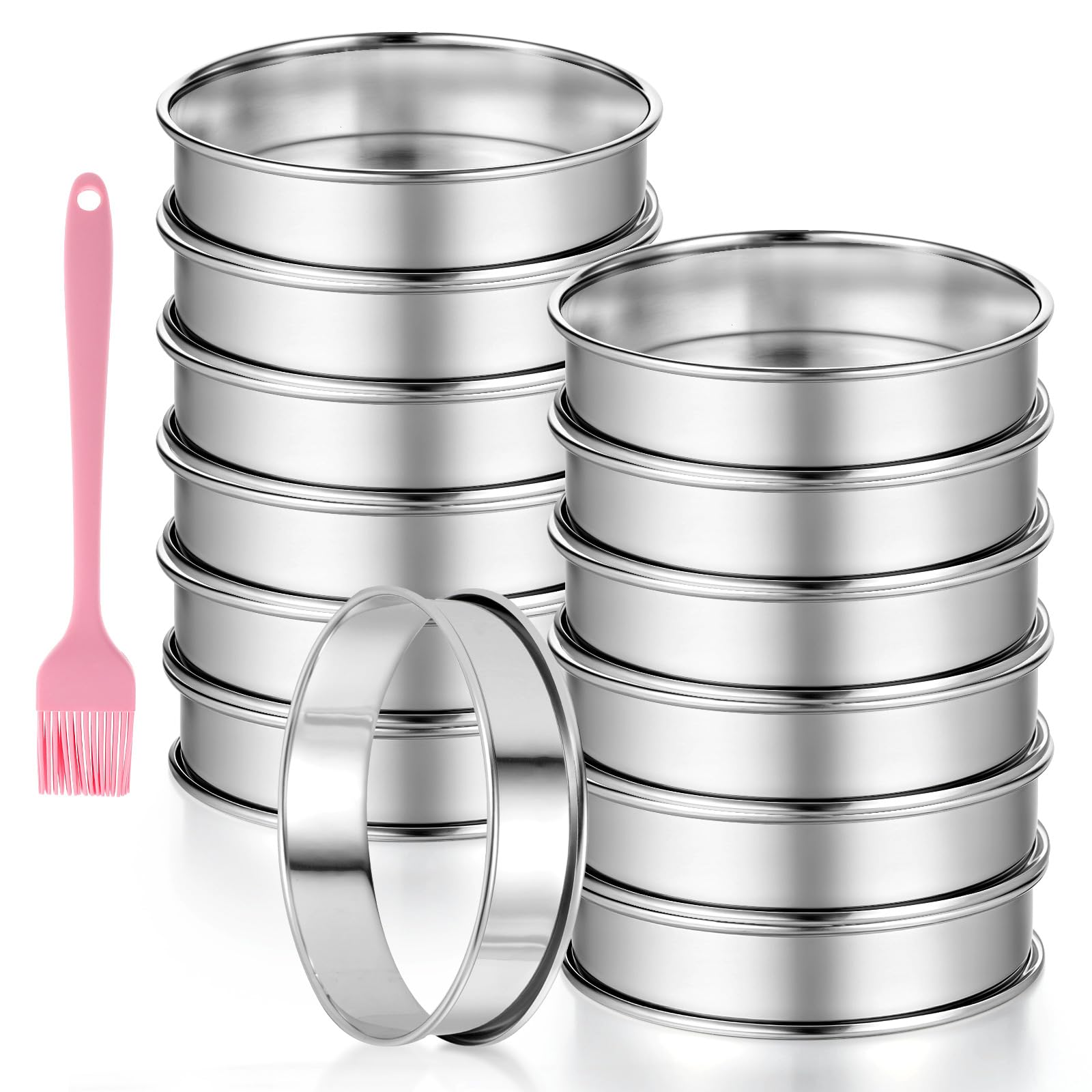 12 Pack 4 Inch Metal English Muffin Rings Double Rolled Nonstick Pastry Ring Mold Stainless Steel Muffin Tart Rings Round Muffin Crumpet Rings with Silicone Brush for Kitchen Baking
