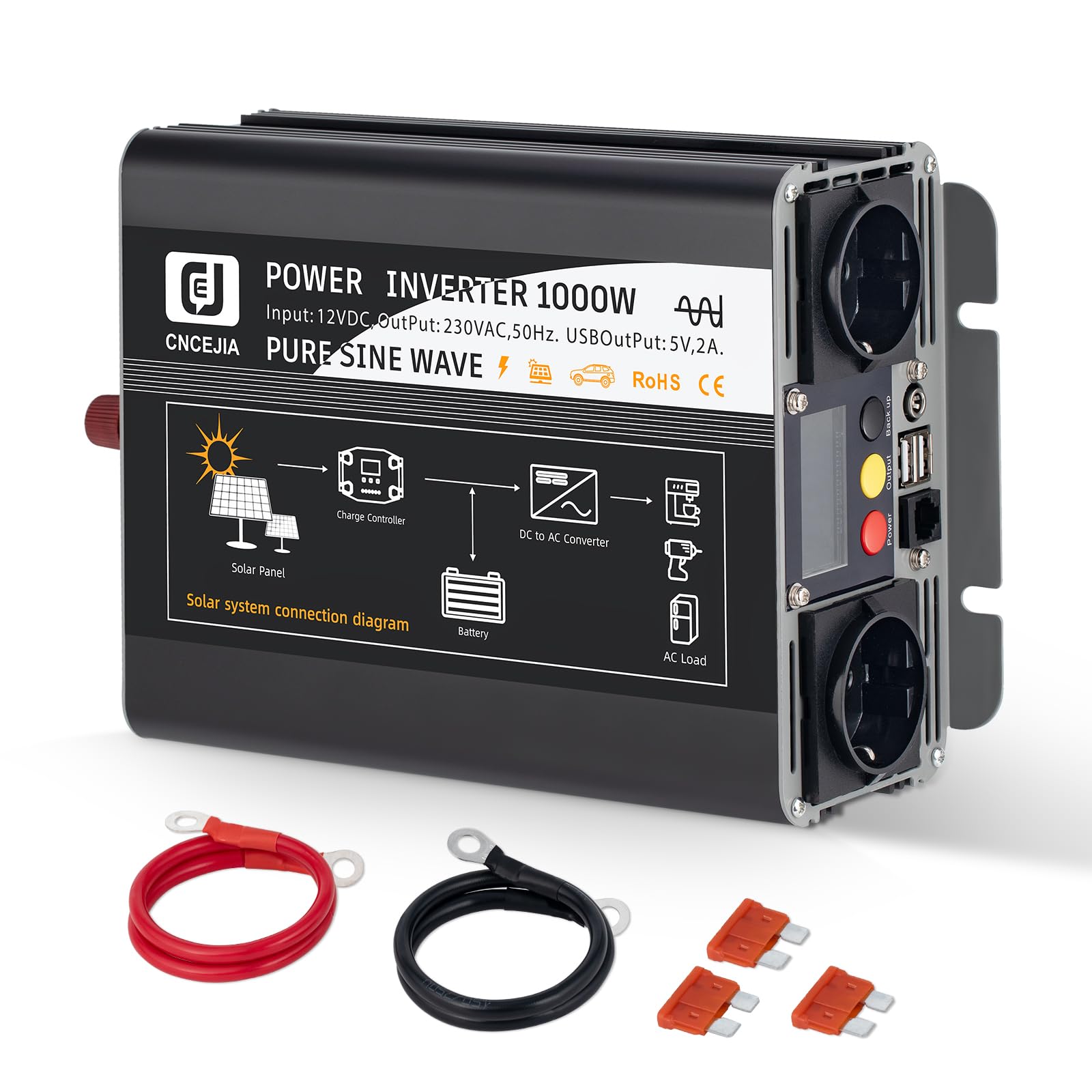 CNCEJIA 1000W Wechselrichter Reiner Sinus 12v auf 230v Spannungswandler mit 2 USB Anschlüsse 2 Steckdose LCD-Display für Auto Wohnmobil Camping (Schwarz)
