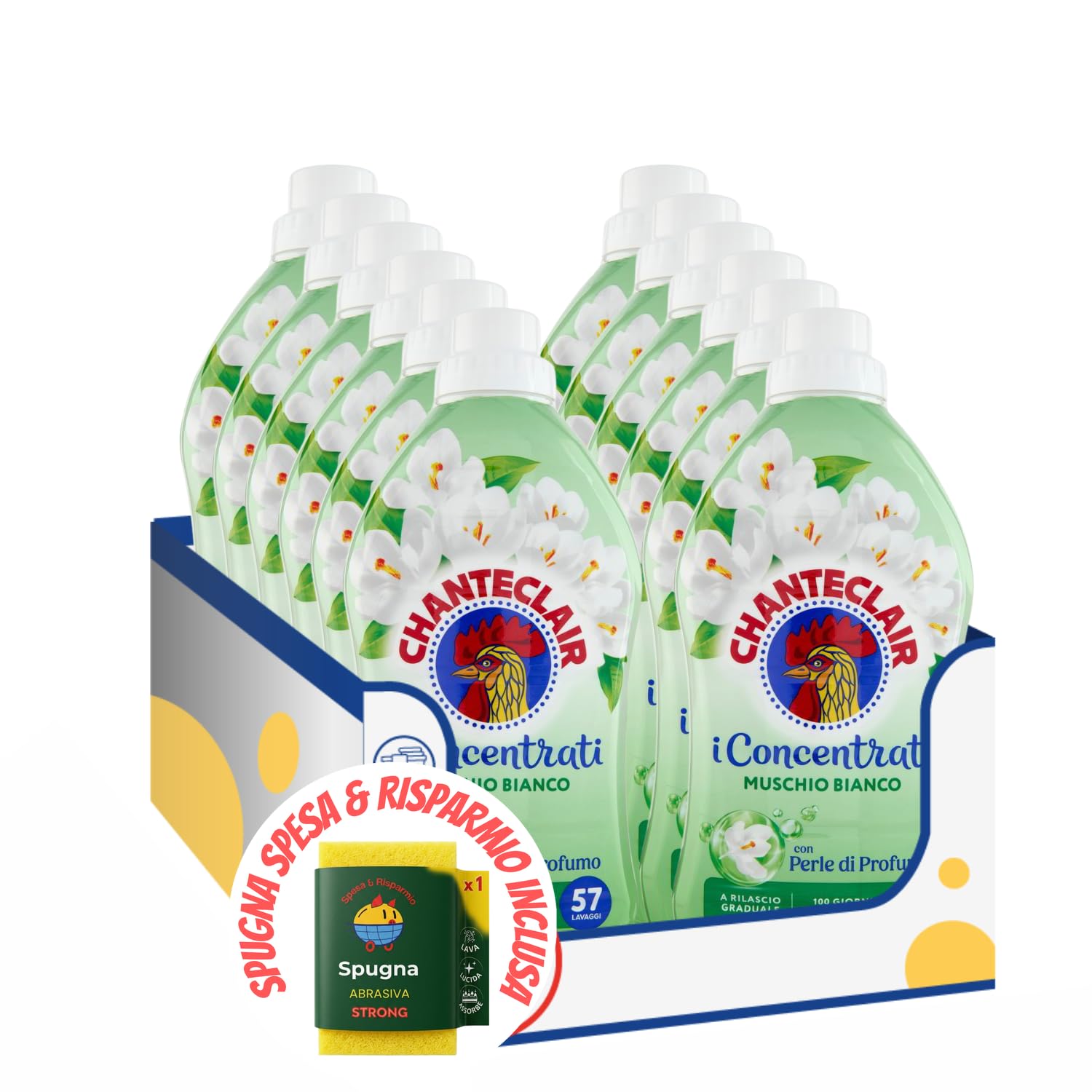Ammorbidente Bucato Muschio Bianco – 1140 ml – 57 Lavaggi kit con Spugna Brandizzata SPESA & RISPARMIO Inclusa – Variazioni 4/8/12 Pezzi (12)