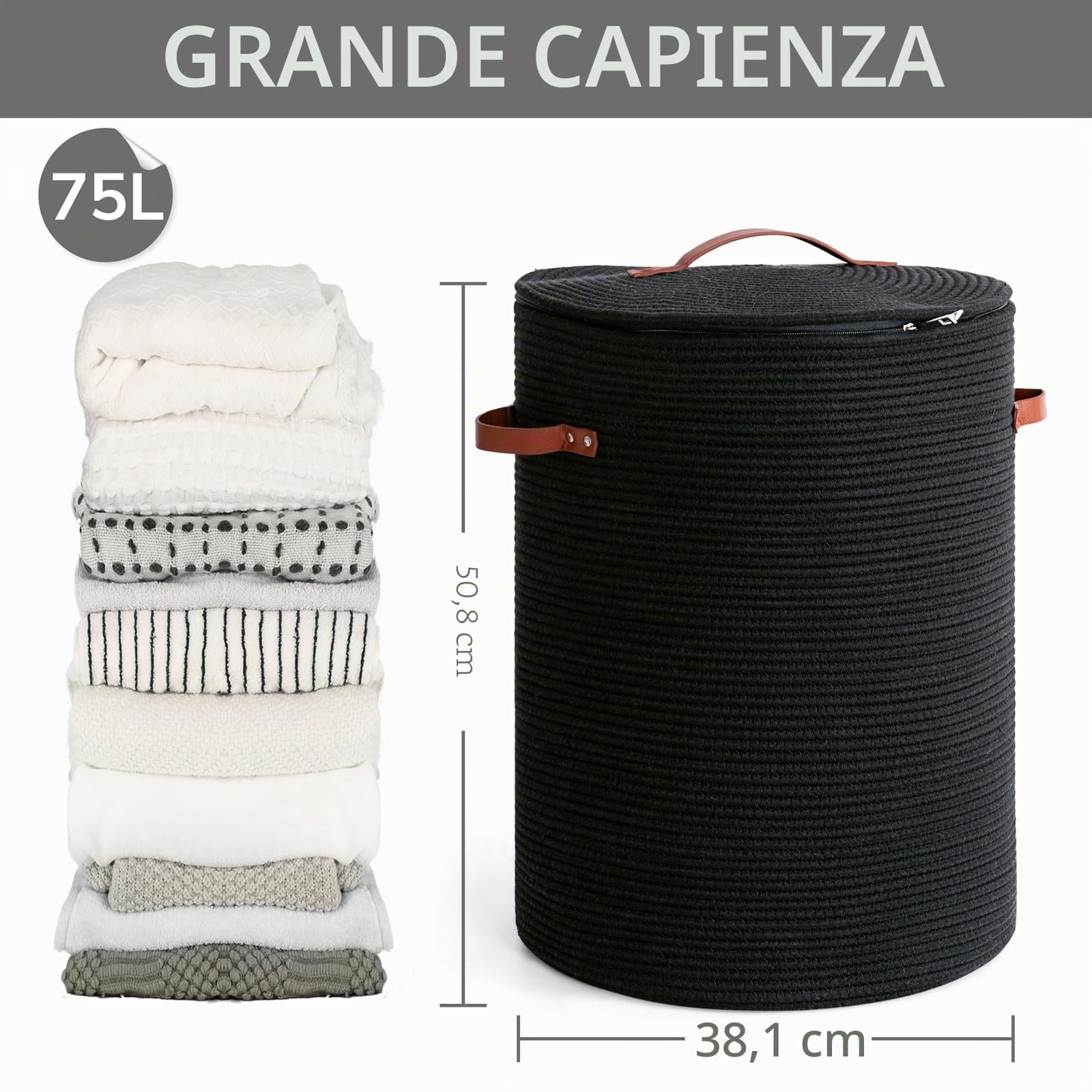 CHICVITA Cesto portabiancheria alto con coperchio, grande cesto portabiancheria per camera da letto, portabiancheria per vestiti, coperte, giocattoli, cesto decorativo intrecciato per soggiorno, 38,1