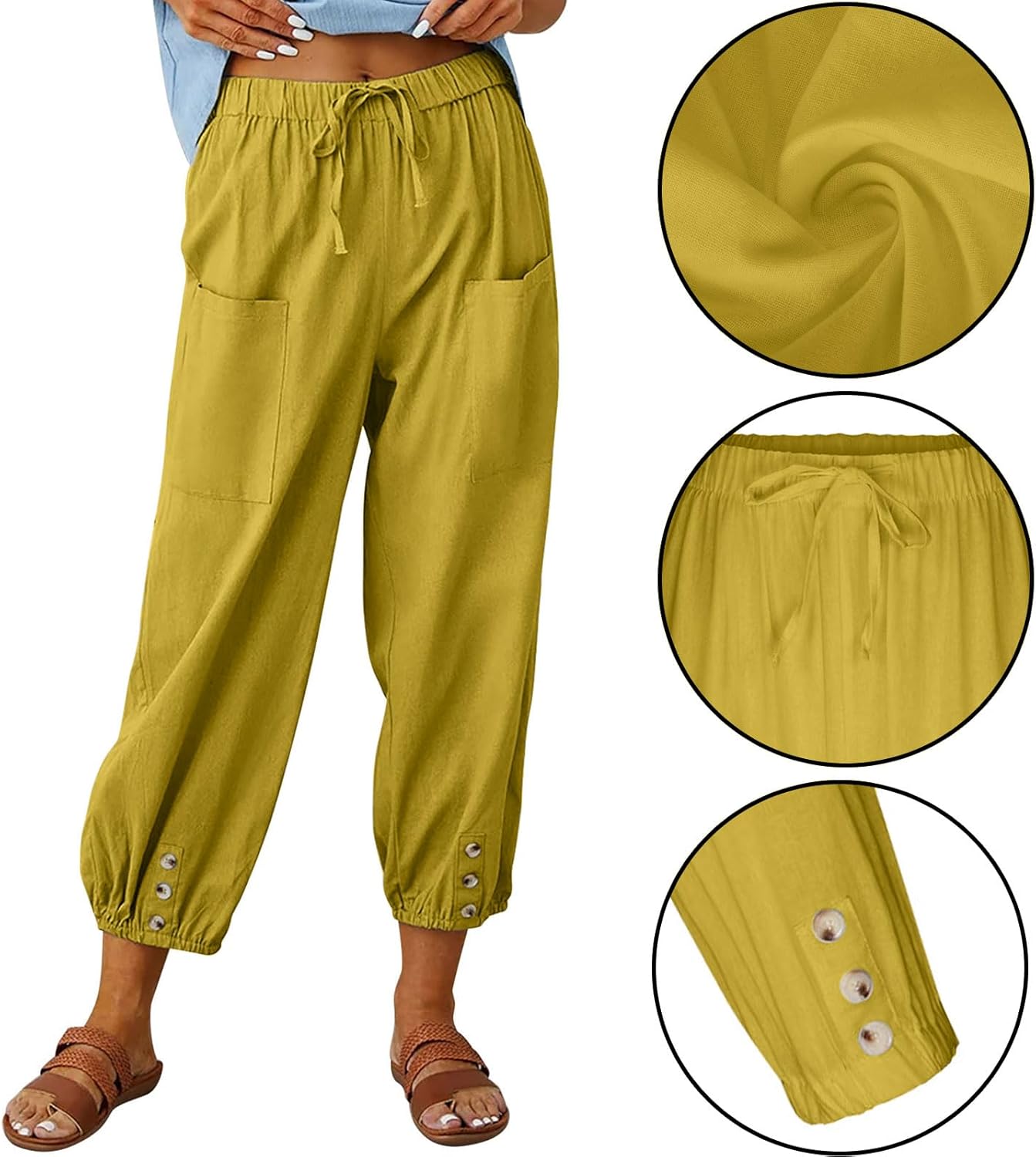 WROLEM Womens High Waist Pants Drawstring Wide Leg Cropped Casual Loose Capris with Pockets for Women - Image 4