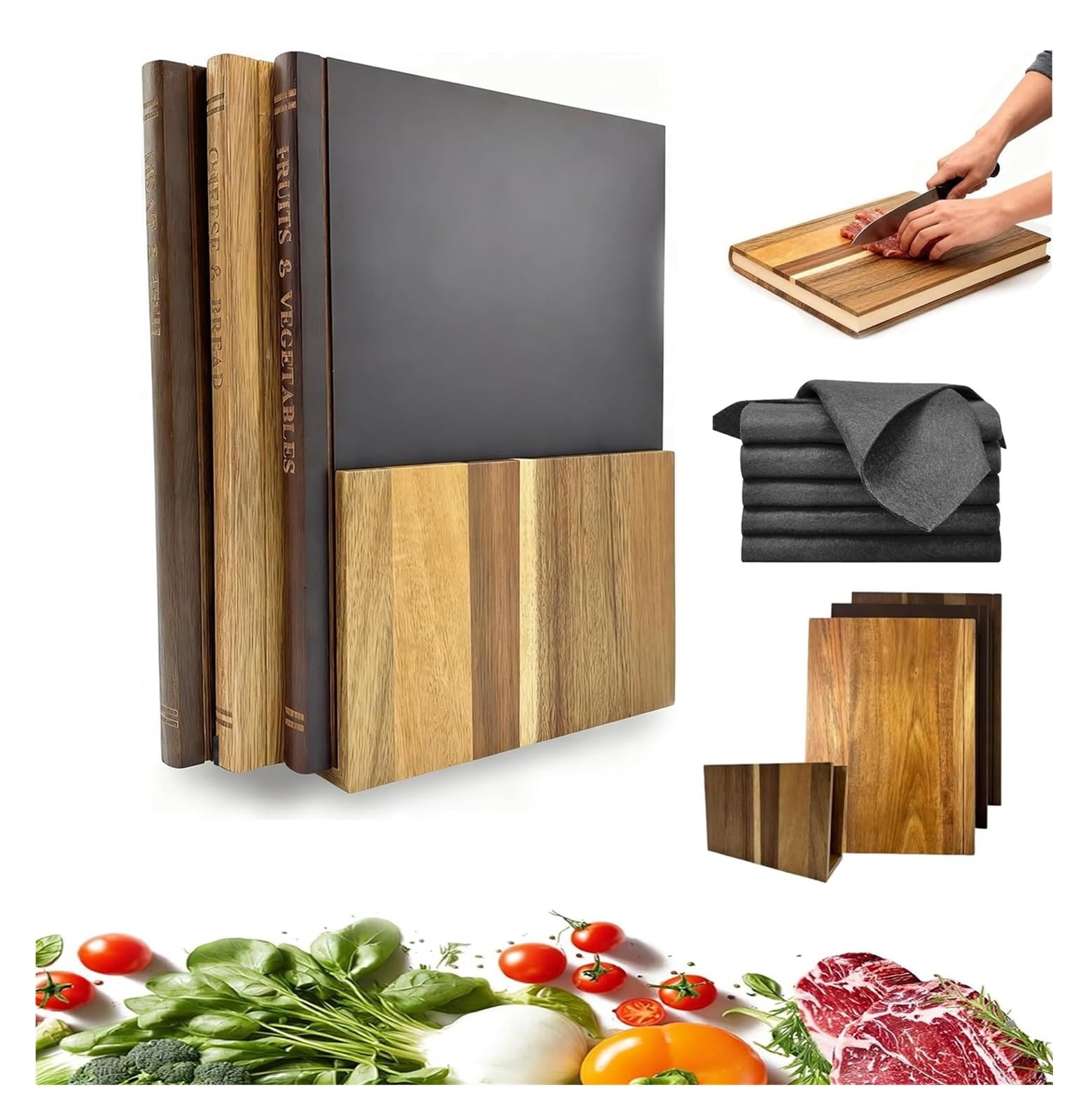 Set van 3 Massief Houten Snijplanken met Houder, Antislip Rechthoekige