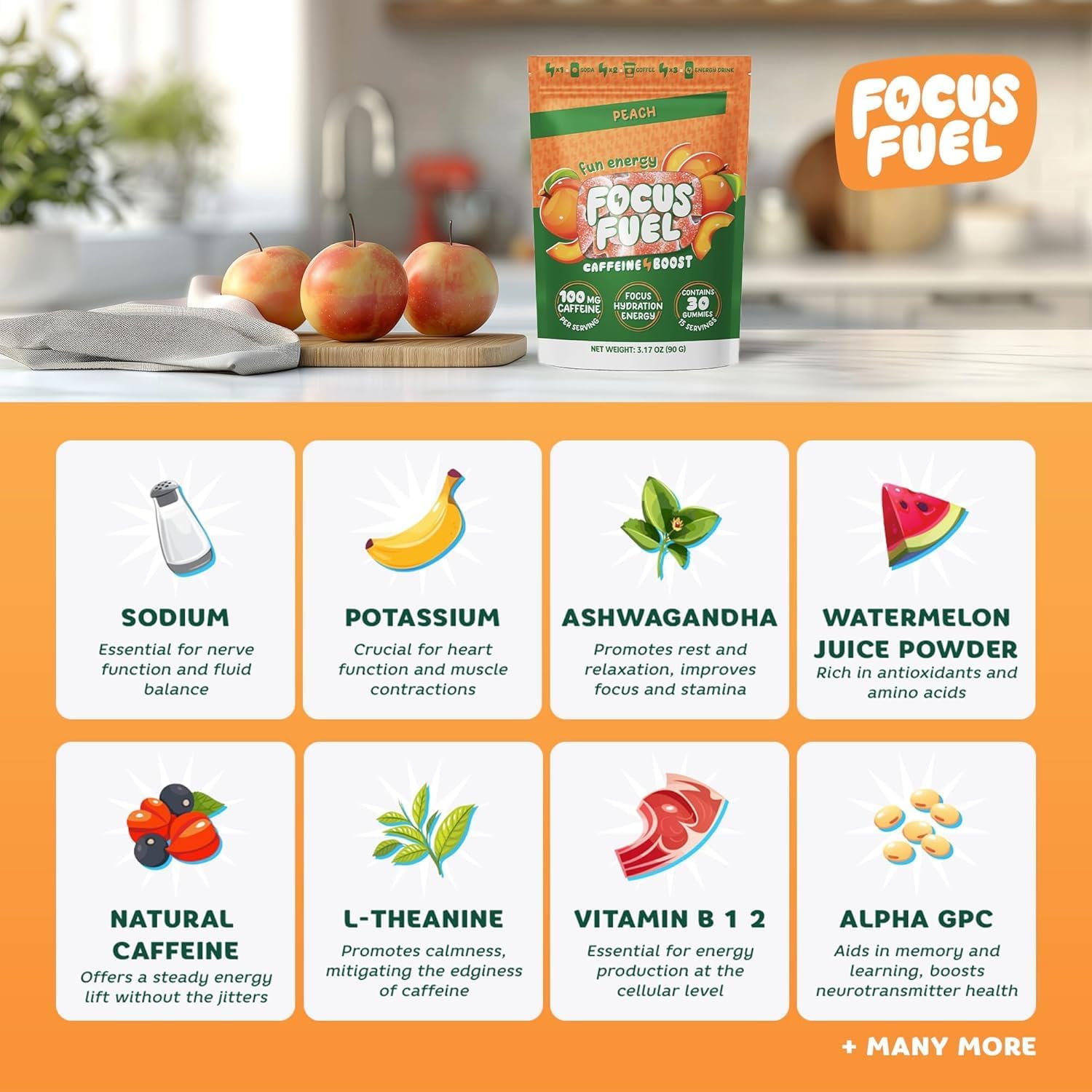 FocusFuel Energy Chews – Peach Sample Pack (36 Servings) – 100mg Caffeine + Alpha GPC + L-Theanine + B12, Magnesium – No Crash or Jitters