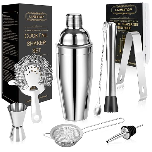 LIVEHITOP Cocktail Set, Edelstahl Coktailmixset Cocktailset, Professionelles Barkeeper Kit mit 750ML Shaker Rezeptbuch, Geschenk für Heim, Party, Bar