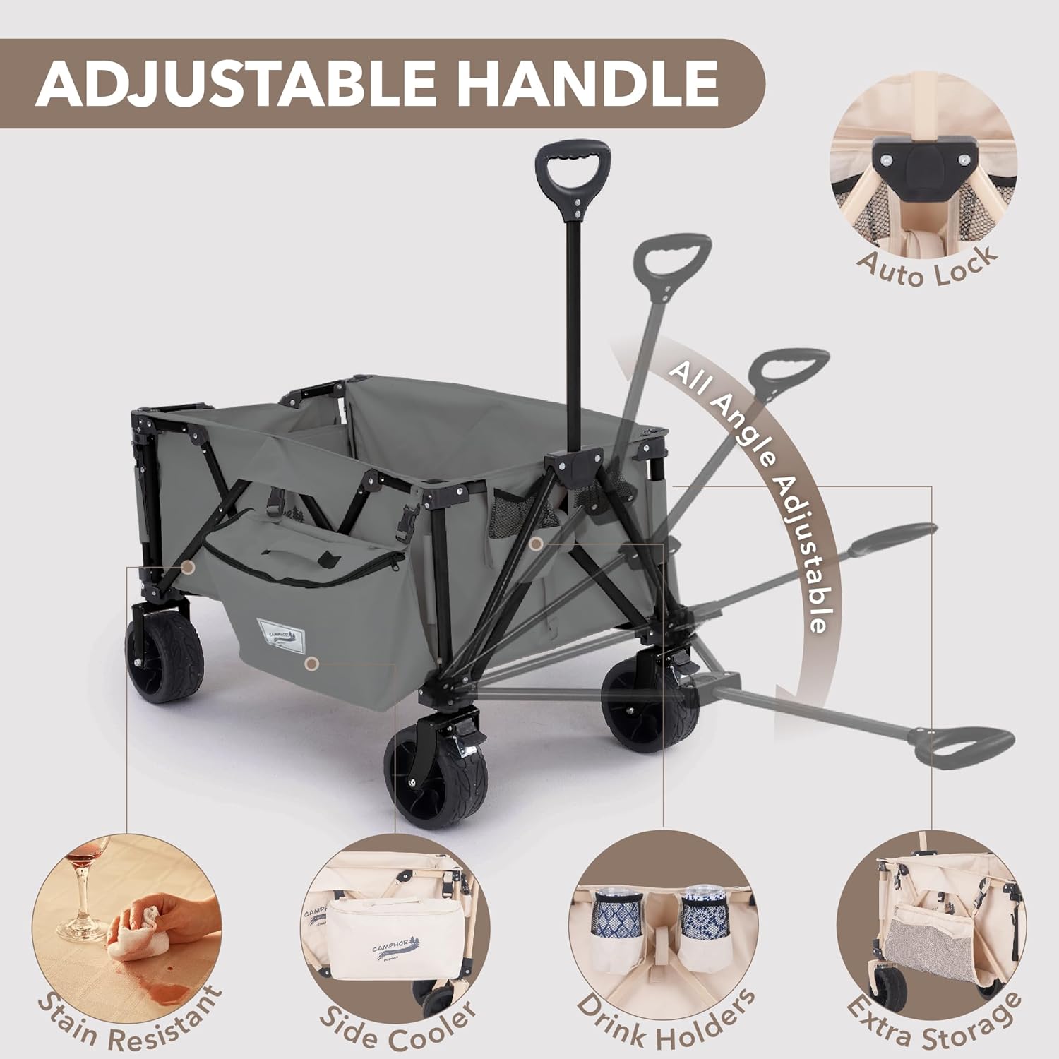 200L Collapsible Folding Beach Wagon |Heavy Duty Utility Cart Extender |Supports 225lbs |All-Terrain Big Wheels with Breaks for Sports Camping (Grey/Grey)