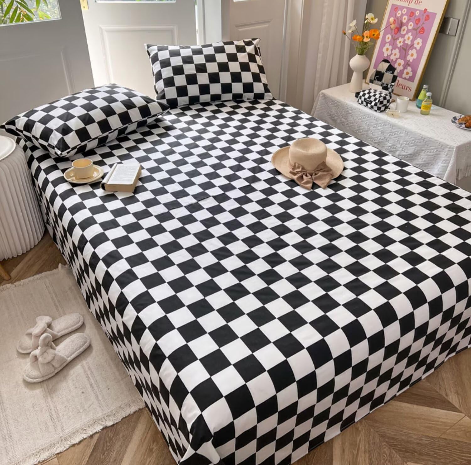 Houseri Black and White Plaid Sheet Sets King Black Checkerboard Grid Fitted Sheets King Size Buffalo Checkered Mattress Cover Men Women Luxurious Simple Gingham Bed Sheet King 4 PCS with Pillowcases