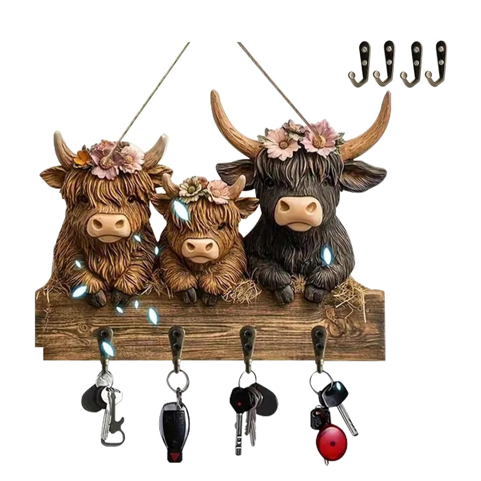 HOUKUNKA Highland Cattle Ornaments Key Holder, Wall Mount Farmhouse Rustic Highland Cow Wooden Key Holder with 4 Metal Hooks, Cow Wall Decorative Key Rack for Entryway Hallway Farmhouse (1PC)