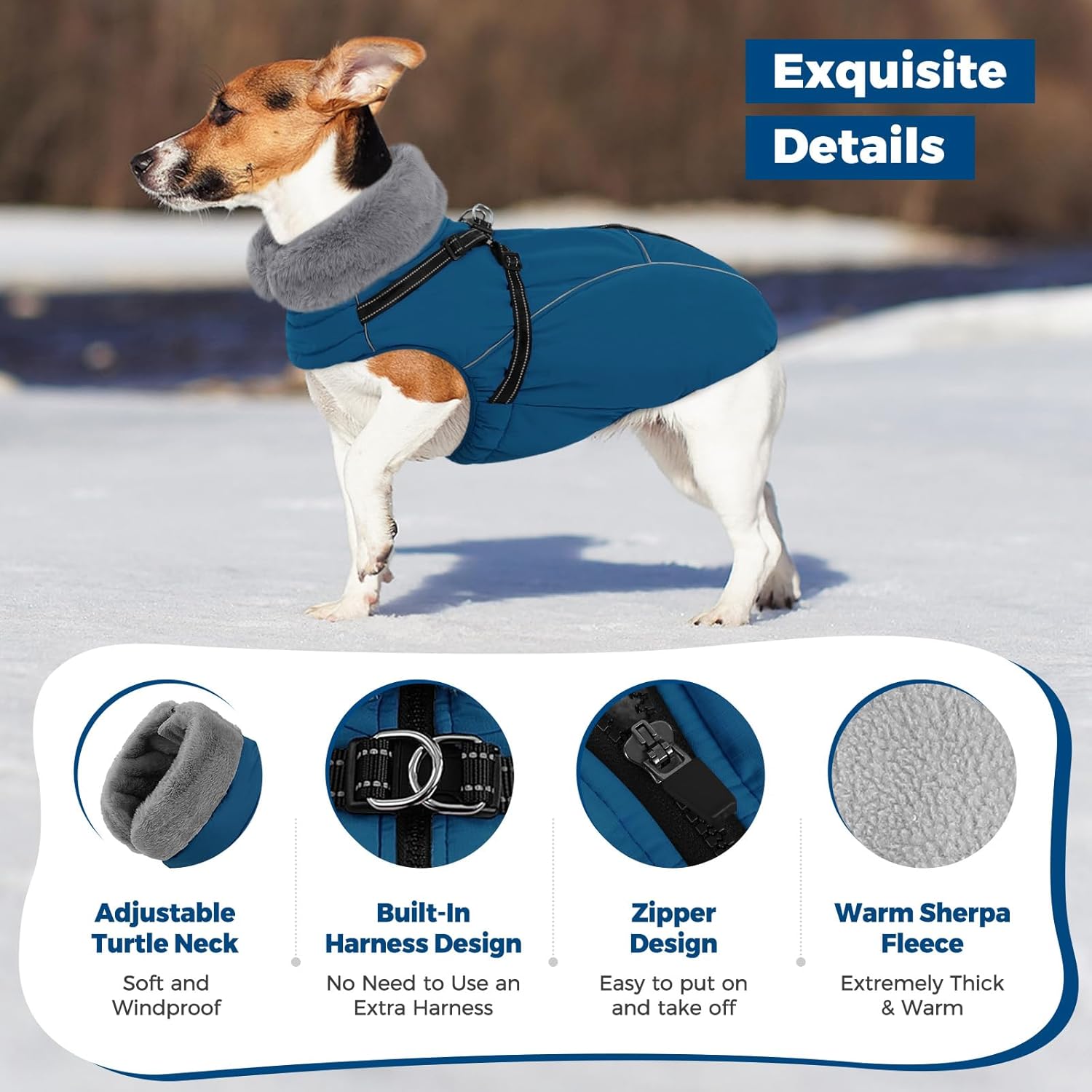 Queenmore Dog Jackets for Large Dogs, Dog Coat with Harness Built in,Waterproof Dogs Coats with Zipper On Back,Warm Fleece Lining Cold Weather Pet Coats with Furry Collar for Labrador,Blue,L