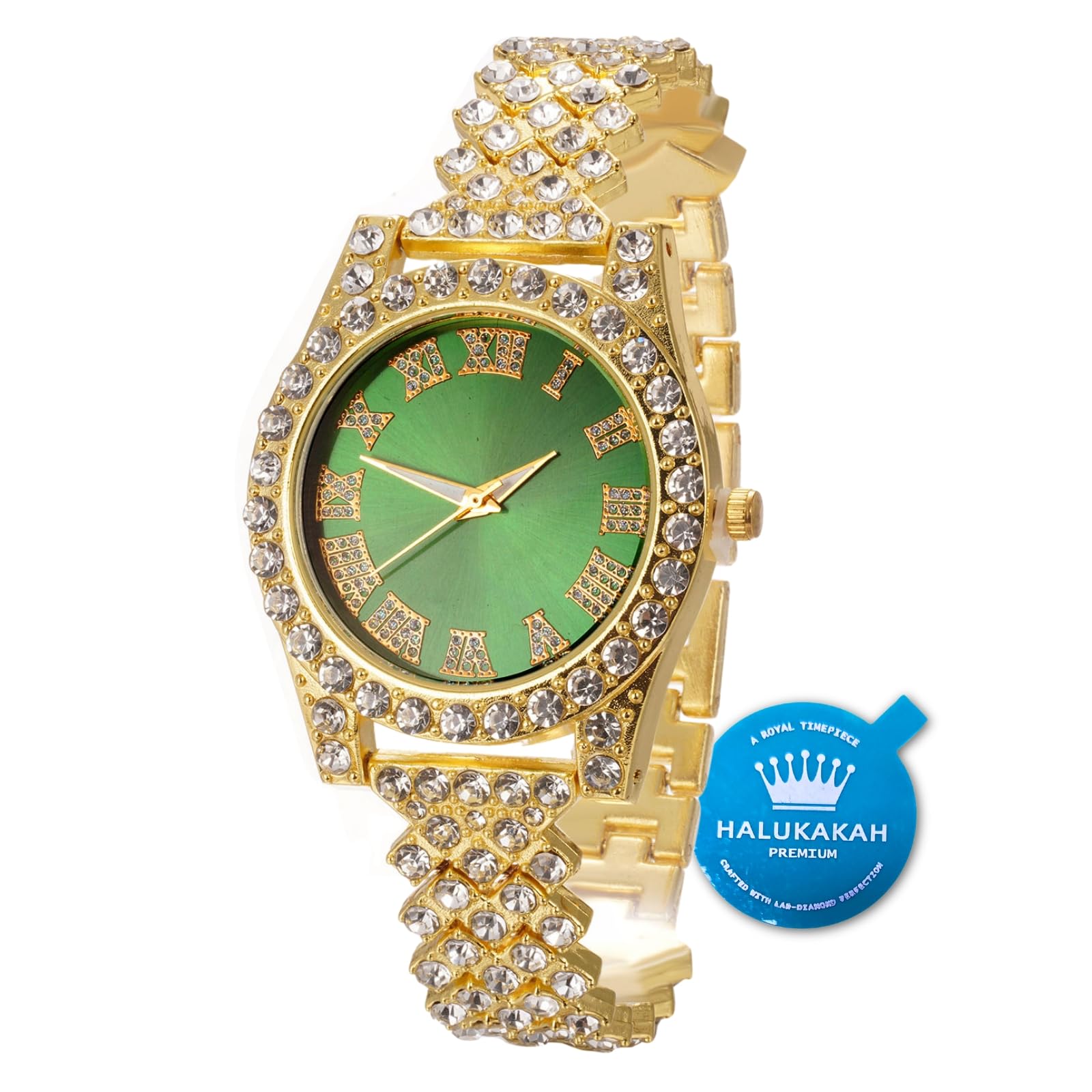 Diamonds Gold Watch Iced Out, Kid's 18K Real Gold/Platinum White Gold Plated 36MM Width Green/Blue/Red Dial Quartz Wristband 20cm with Cuban Link Chain Necklace Bracelet, with Giftbox