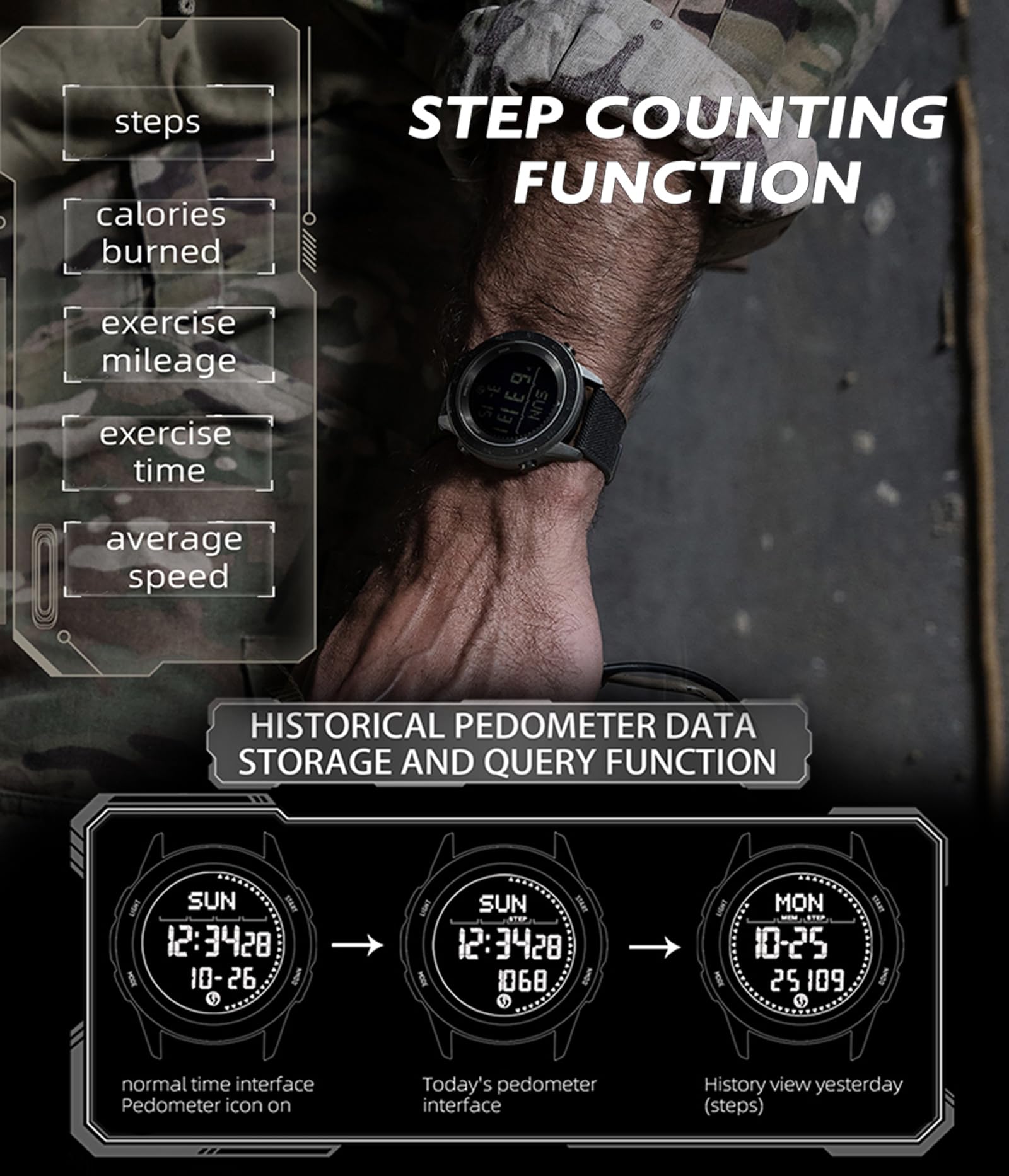 findtime Montre numérique militaire pour homme - Podomètre - Boussole - Vitesse 50 m - Étanche - Montre de sport pour homme - Montre de course pour homme - Éclairage EL - Coutdown - Chronomètre