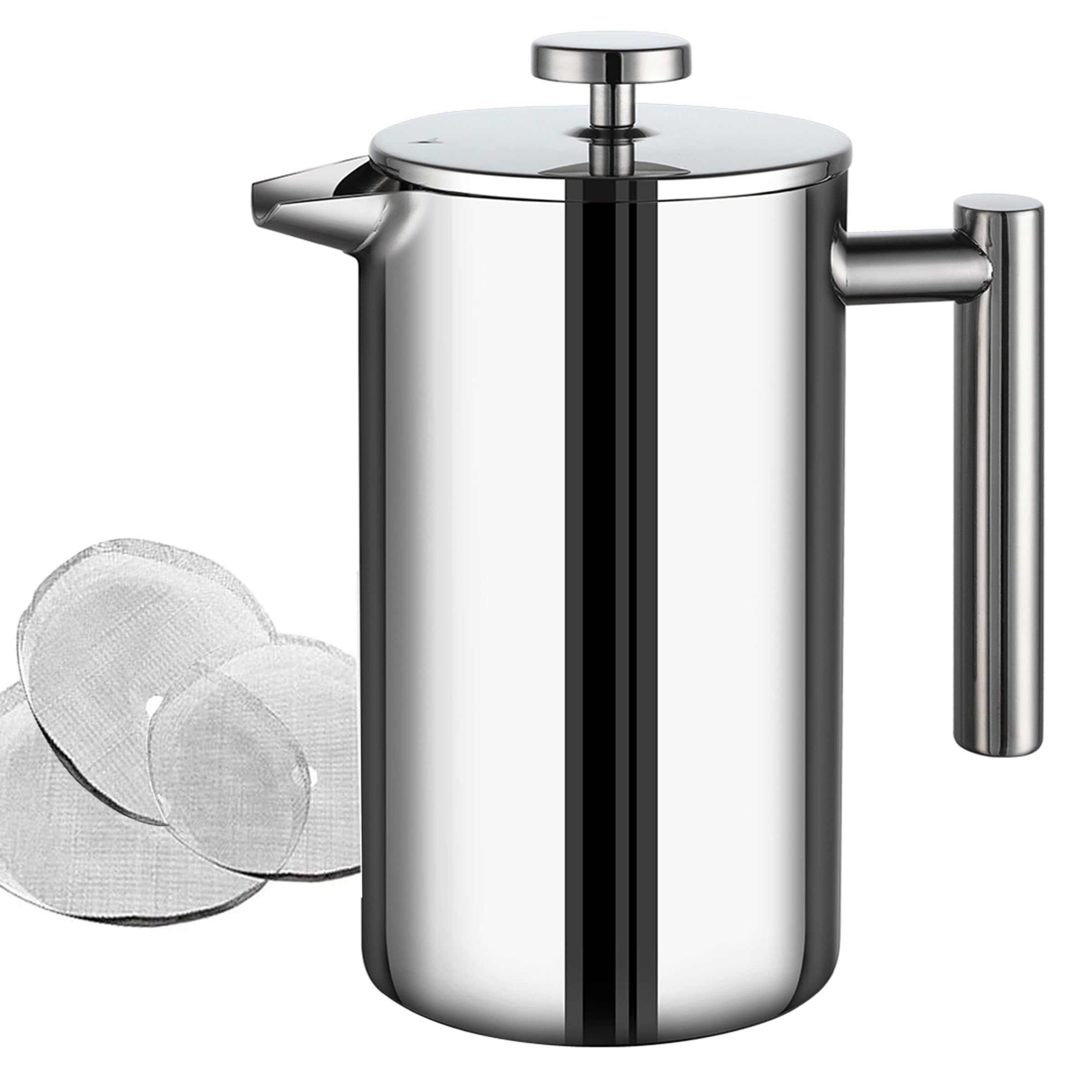 Cafetière à piston française - 1500 ml - Grande cafetière isotherme à double paroi en acier inoxydable - Système de filtration à 3 niveaux - Pour la maison, le camping et le bureau - Argenté