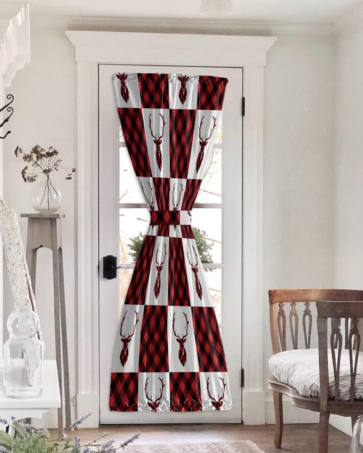 SEVENBABU Door Curtains Thermal Insulated Blackout Door Drapes with Curtain Tie Up, Red Black Buffalo Christmas Reindeer Door Curtain for Bedroom Window/Living Room/Doorways 25x72inch
