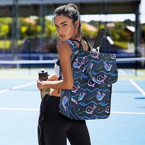 Miniatura 7 de Bolsa de tenis unisex de gran almacenamiento, ballena fluorescente, onda azul, 2 raquetas, bolsa con almohadilla protectora para adolescentes,
