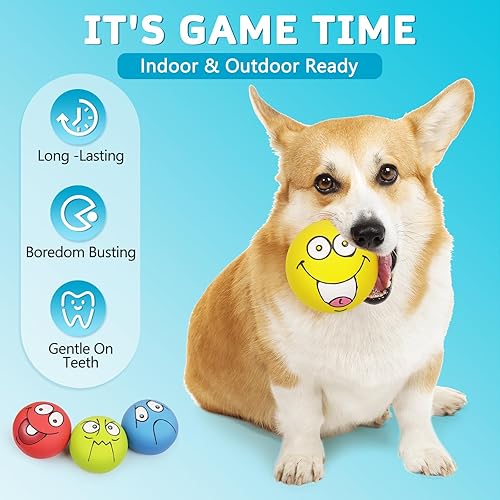 Miniatura 4 de Paquete de 4 Juguetes Chirriantes para Perros con Cara Sonriente de 2.8", Pelotas Suaves para Perros de Goma de Látex, Juguetes Chirriantes para
