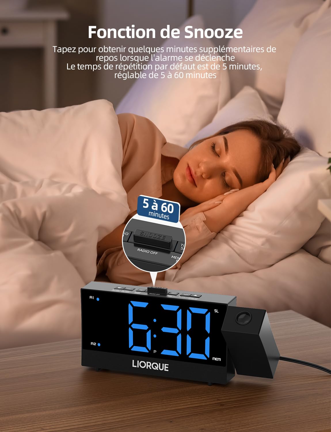 LIORQUE Radio Reveil Projection Plafond, Reveil Projecteur Plafond avec Double Alarme, Radio Réveil avec Grand Écran, Snooze, Réglage de Luminosité Infini, 2 Ports de Chargement USB, G0181R-P
