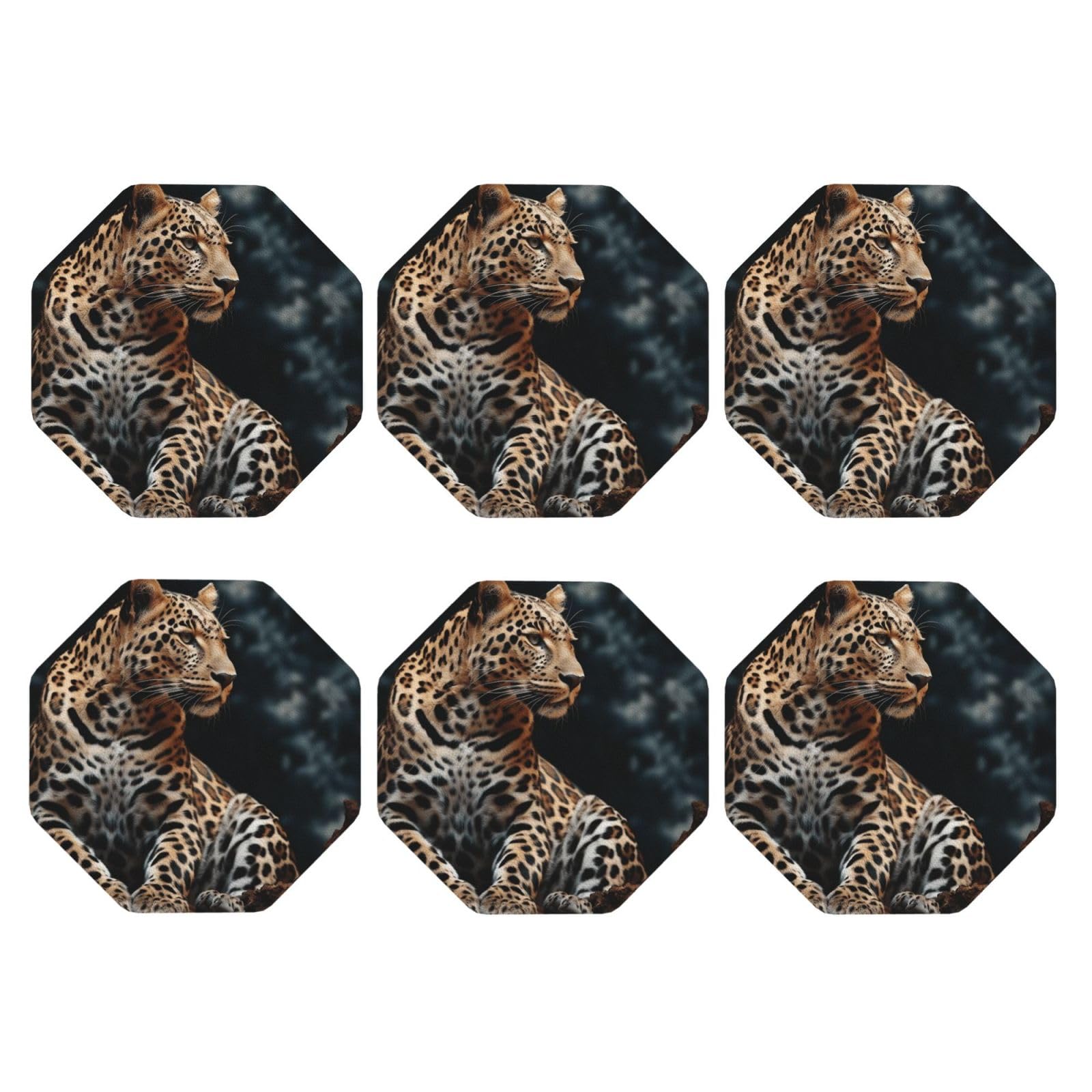 6pcs Leather Coasters for Drinks, A Leopard Sits Drink Coasters for Tabletop Protection, 4" Cup Coasters for Coffee Table Decor, Non-Slip Drinking Cup Mat for Hot Or Cold Drink