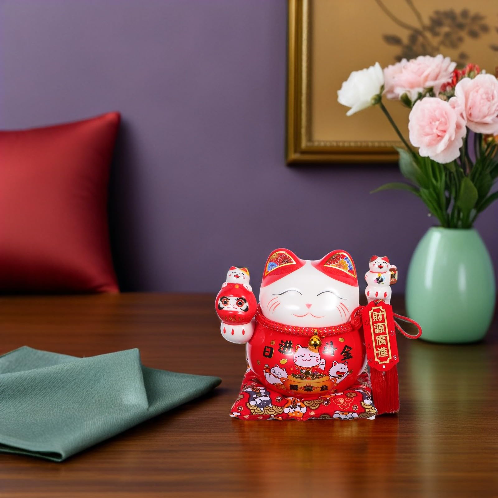 Keramik Spardose Maneki Neko Glückskatze Feng Shui Münzbehälter Tischdeko Rot Kompakt