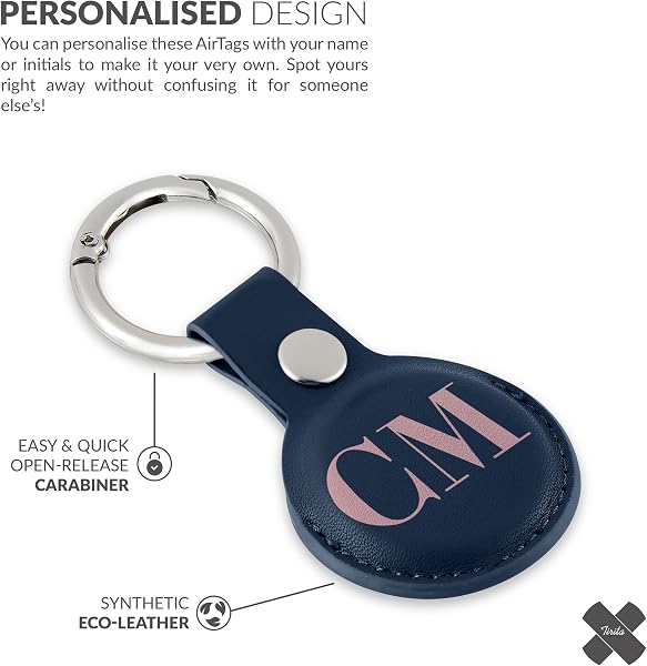 Tirita Personalised Case Keyring Holder Compatible with Apple AirTag 1 & 2 - Leather Case with Key Ring for Apple AirTag [16- Monogram Initials on Blue] - 5