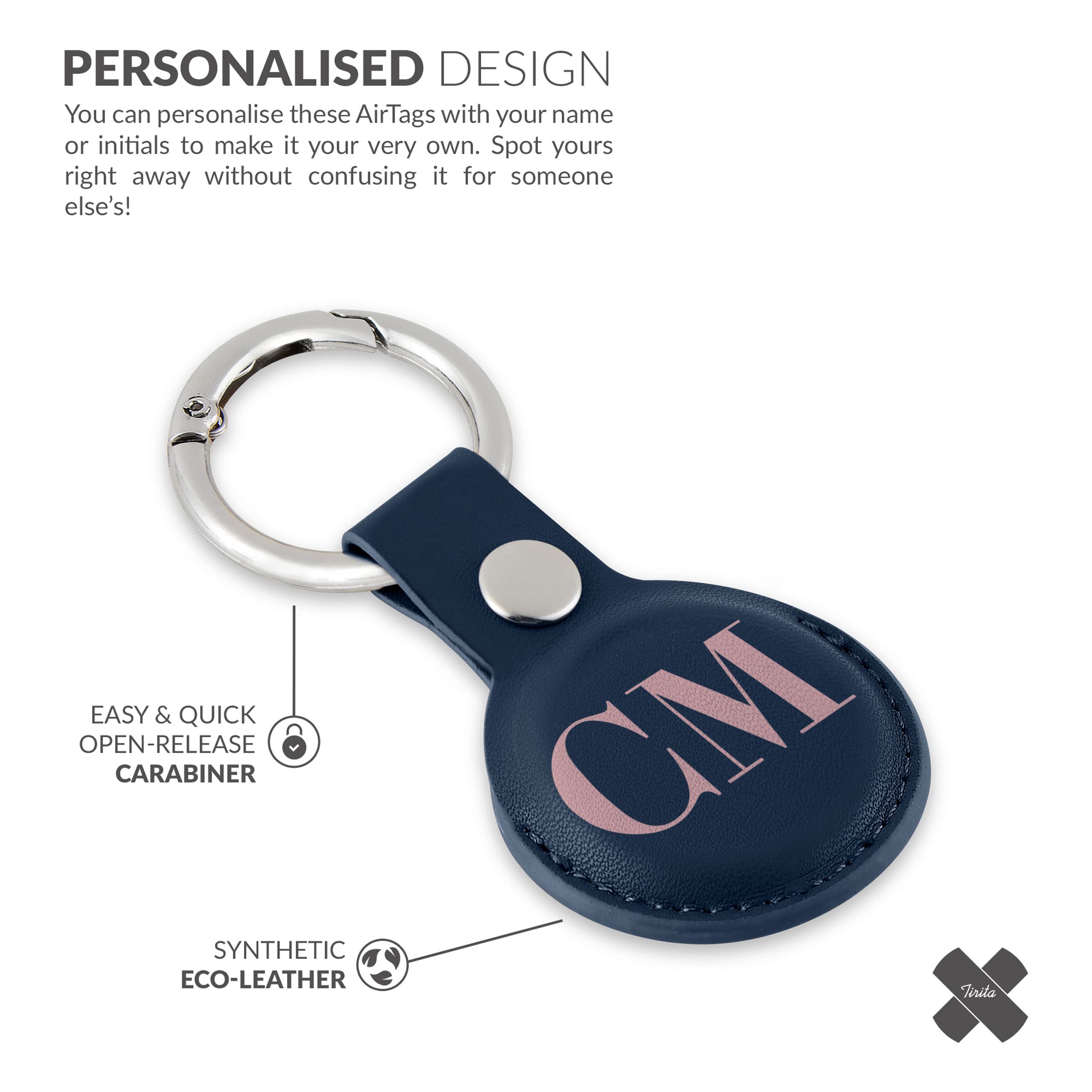 Tirita Personalised Case Keyring Holder Compatible with Apple AirTag 1 & 2 - Leather Case with Key Ring for Apple AirTag [16- Monogram Initials on Blue] — view 5