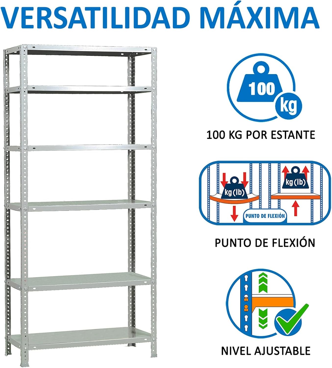 Simon Rack Metal Shelf 6 Adjustable Shelves, 100 kg Flex Point, 2000 x 1000 x 300 mm, with Screws, Storage Shelf, White - Comfort