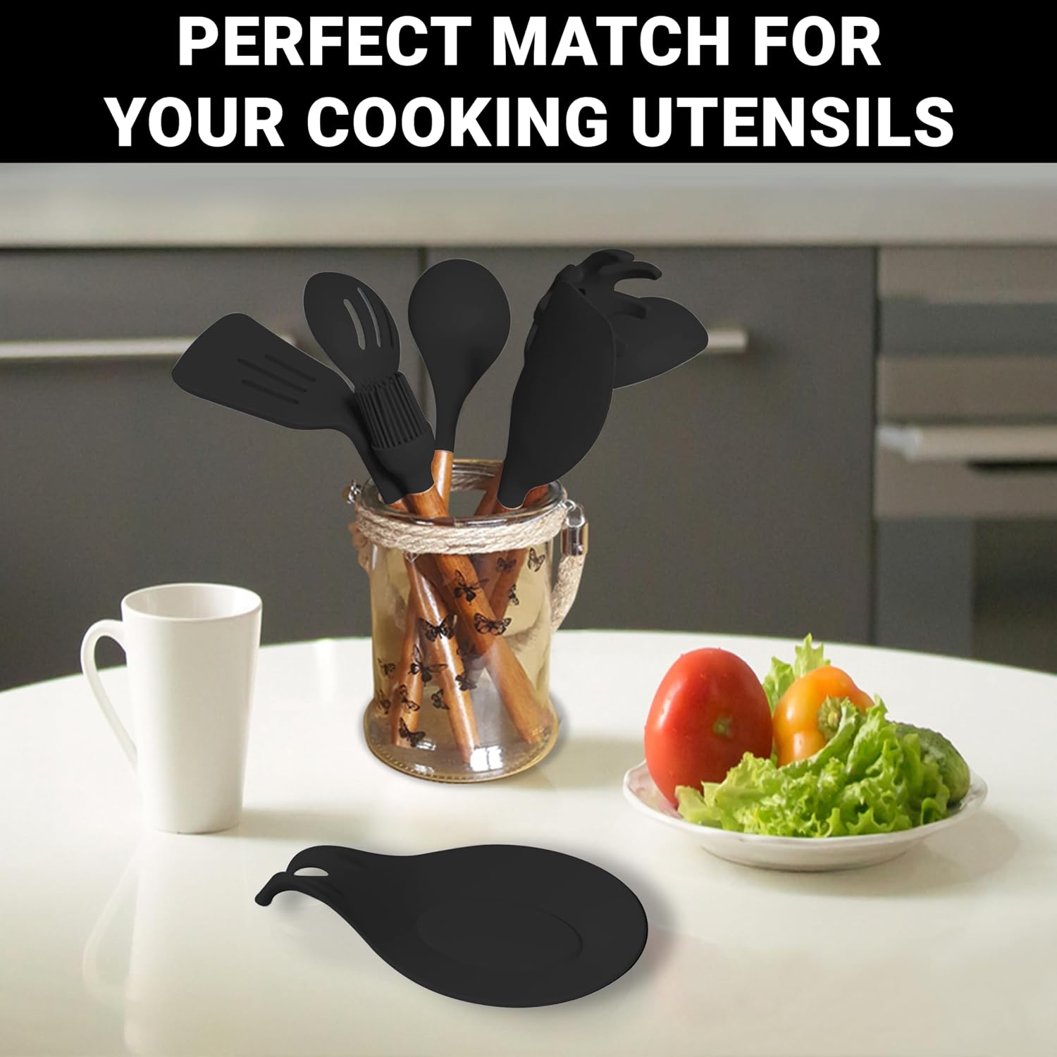 Black Silicone Spoon Rest for Stove Top, Set of 2, XL 9.2”, DISHWASHER SAFE