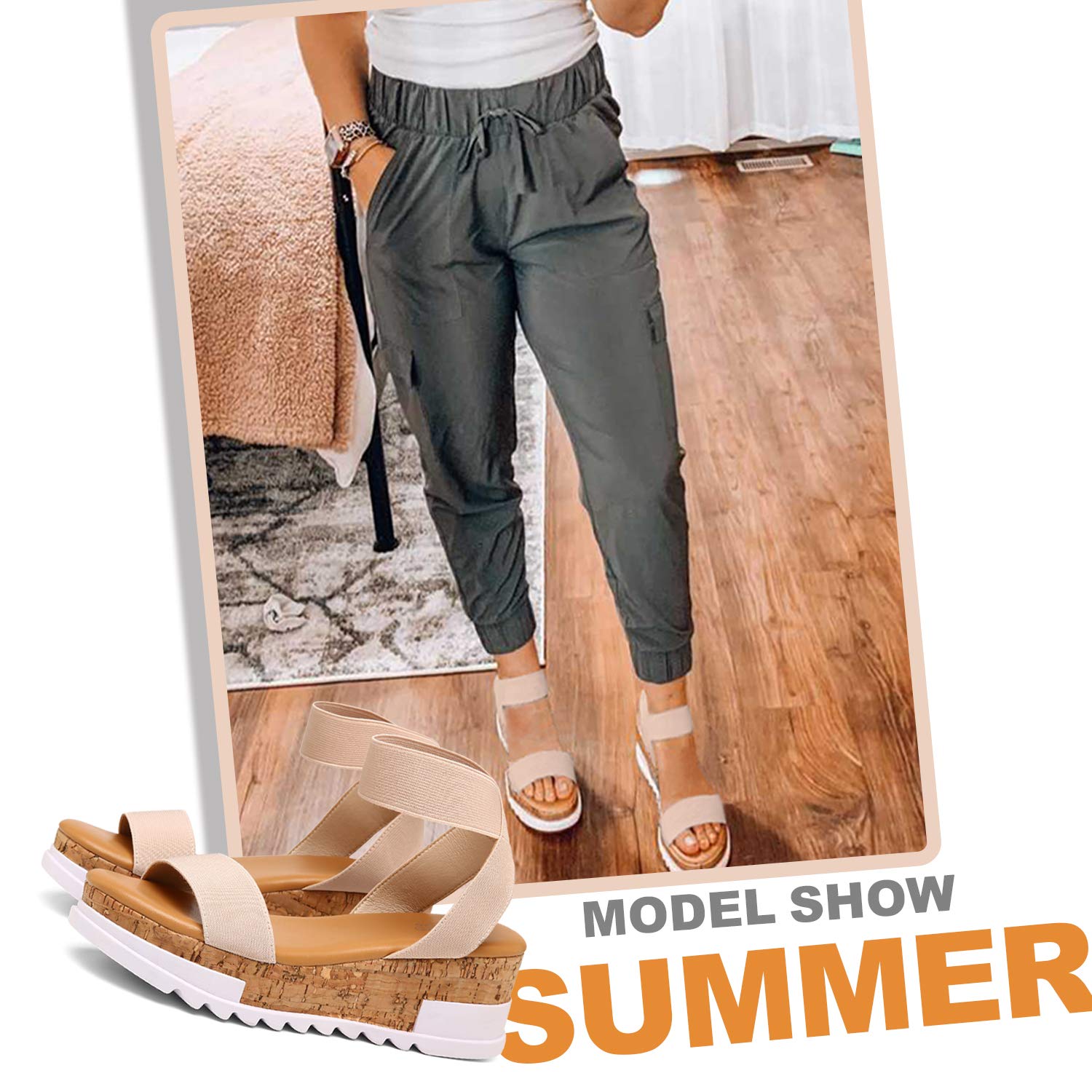 katliu Women's Wedge Platform Sandals Elastic Ankle Strap Cork Platform Sandals