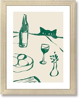 Sneaky Cat Wine Wall Art Funny Kitchen Canvas Prints Cute Animal Wall Decor Green Cat Pictures Bar Cart Artwork for Dining Room Bedroom Living Room 8x10 Inch Framed
