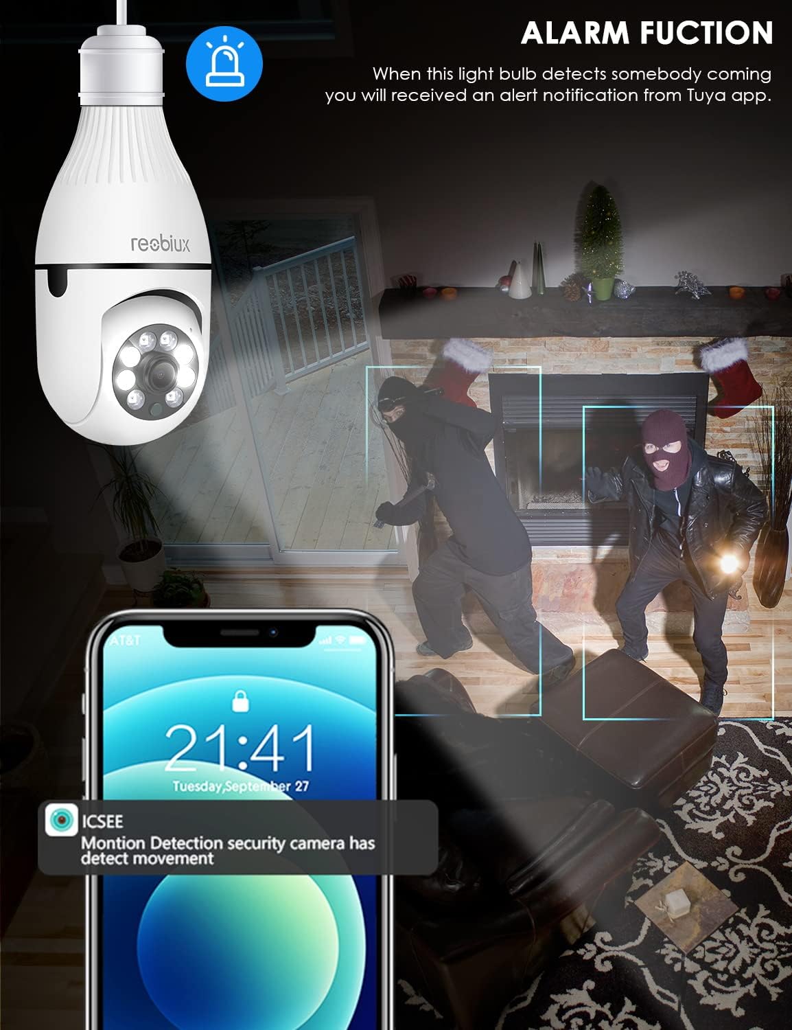Reobiux Light Bulb Security Camera motion detection alarm function