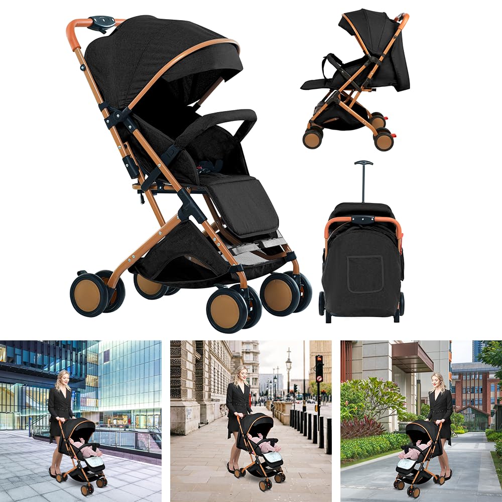 Passeggino a canna compatta, Passeggino, Ultra-compatto, passeggino reclinabile, gambe dorate, con zanzariera, borsa per il trasporto, cappottina extra-large 0-6 anni, ripostiglio con una sola mano