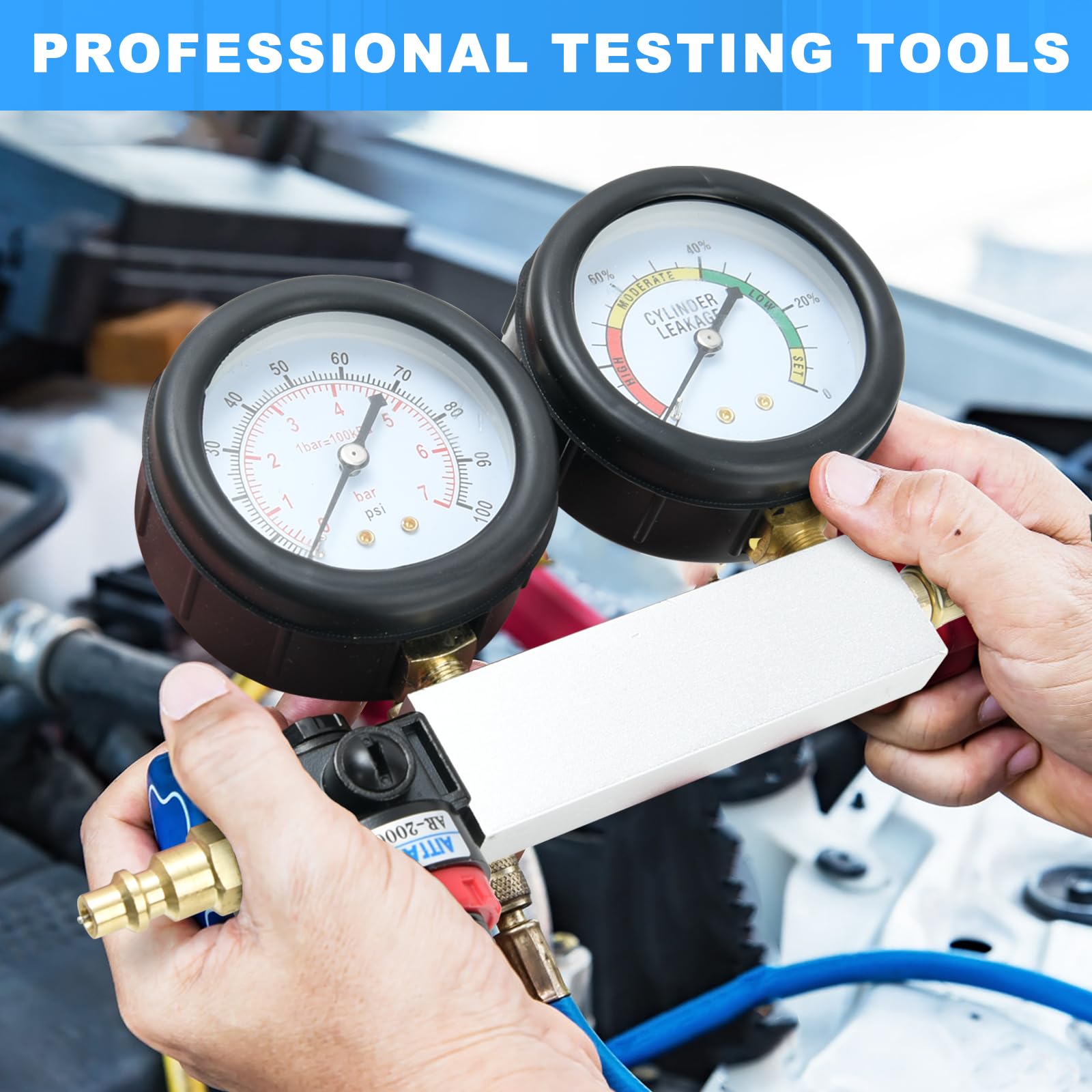 TU-21 Set di tester di compressione, kit per tester di perdite di cilindri, kit per auto, rilevatore di perdite di compressione del motore, set di strumenti con asta di prolunga, 0-7 bar e 0-100 PSI