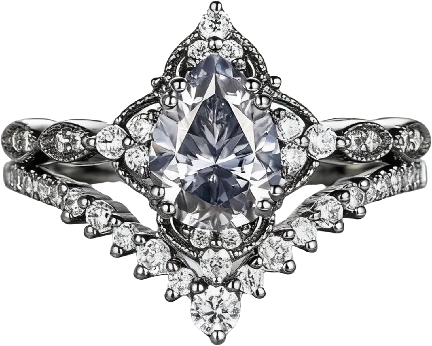 1.5 Ct Pear Cut Gray Moissanite Engagement Ring Set for Women Gothic Grey Moissanite Wedding Ring Set 925 Sterling Silver 10K 14K 18K Gold Black Gold Bridal Rings for Women